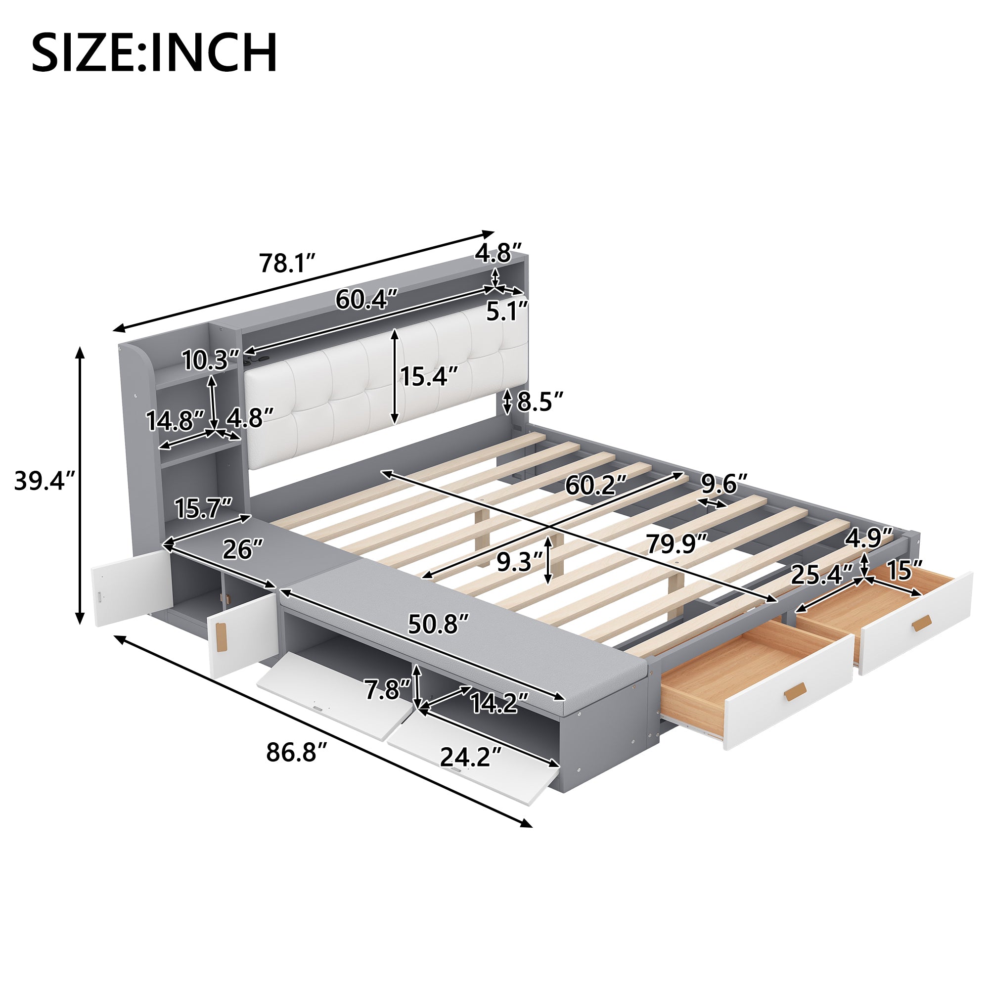 Queen Size Low Profile Platform Bed Frame with Upholstery Headboard and Storage Shelves and Drawers,USB Charging Design,Gray - Atlantic Fine Furniture Melbourne FL