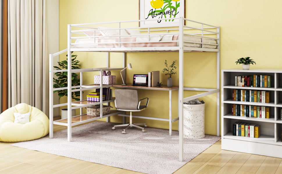 Full Size Metal Loft Bed with Desk and Lateral Storage Ladder, White - Atlantic Fine Furniture Melbourne FL