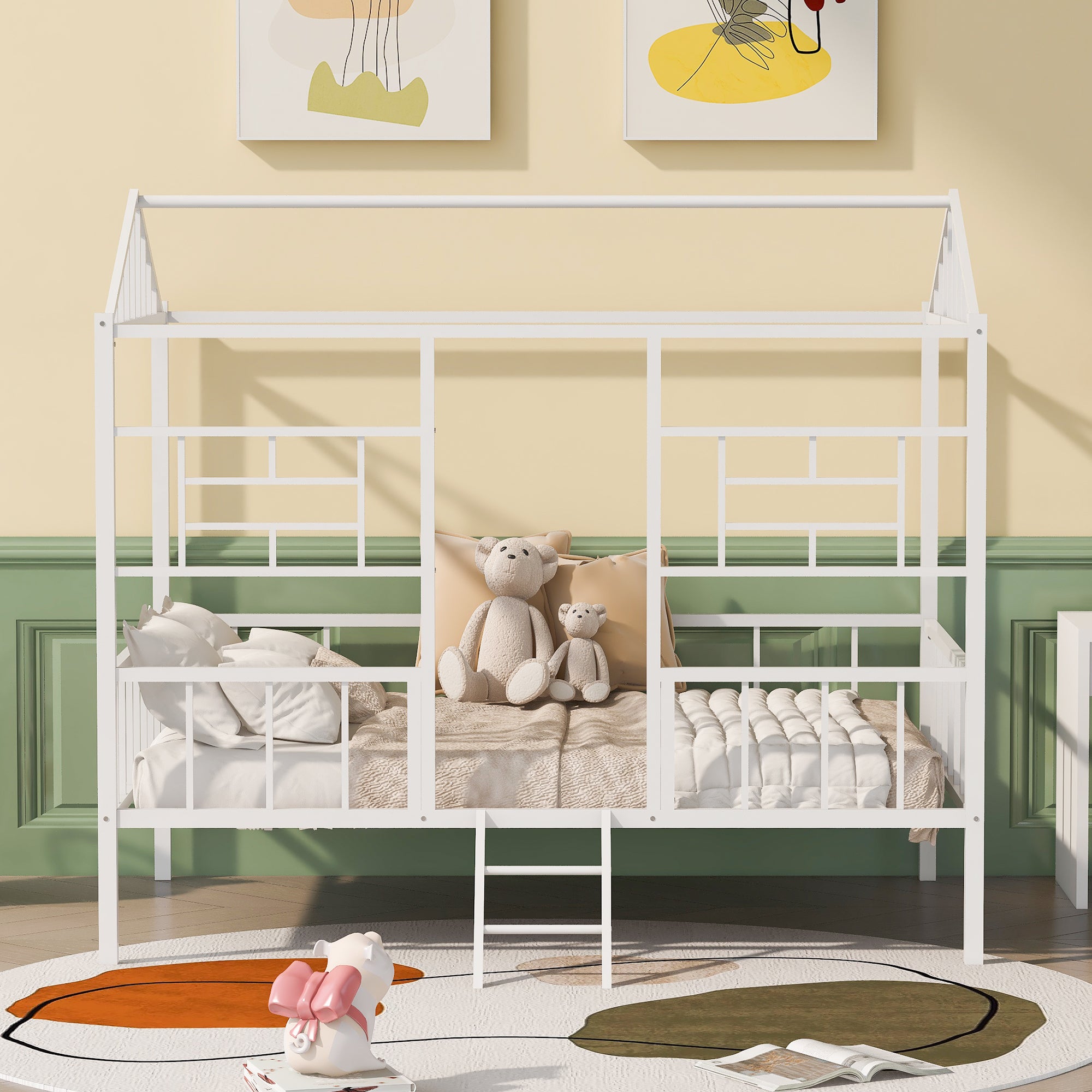 Metal House Bed Frame Full Size with Slatted Support No Box Spring Needed White - Atlantic Fine Furniture Melbourne FL