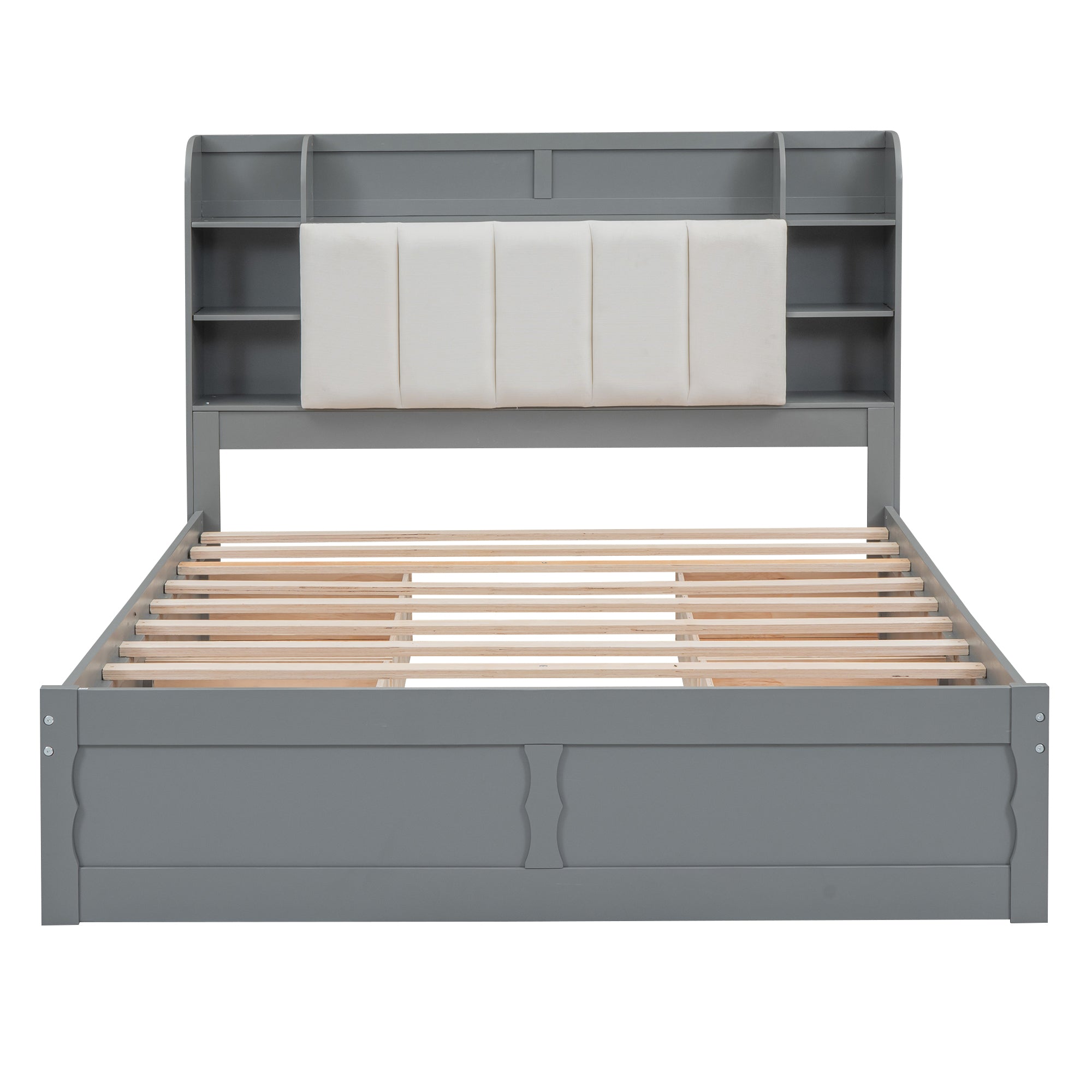 Wood Queen Size Platform Bed with Storage Headboard, Shelves and 4 Drawers, Gray - Atlantic Fine Furniture Melbourne FL