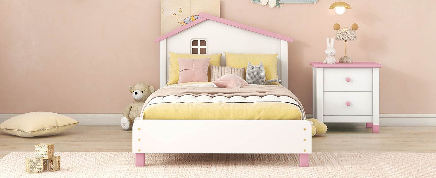 Twin Size Wood Platform Bed with House-shaped Headboard (White+Pink)