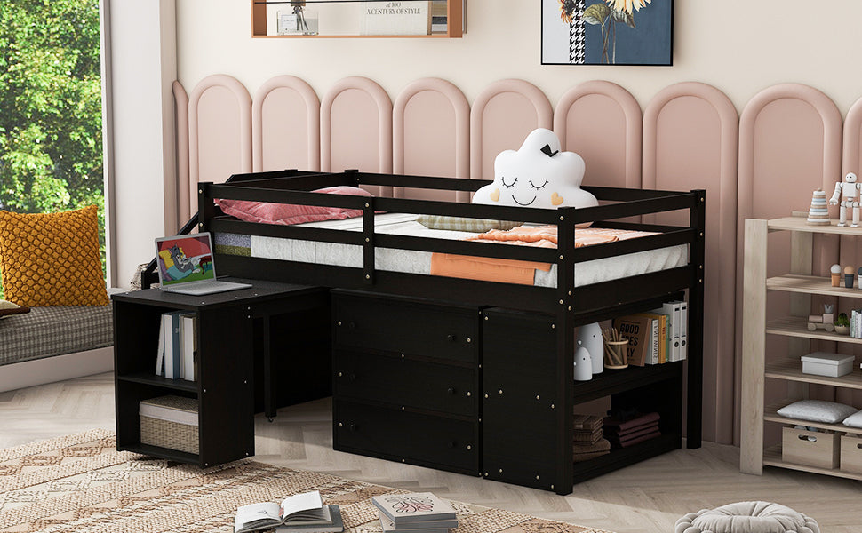 Twin Size Loft Bed with Retractable Writing Desk and 3 Drawers, Wooden Loft Bed with Storage Stairs and Shelves, Espresso - Atlantic Fine Furniture Melbourne FL