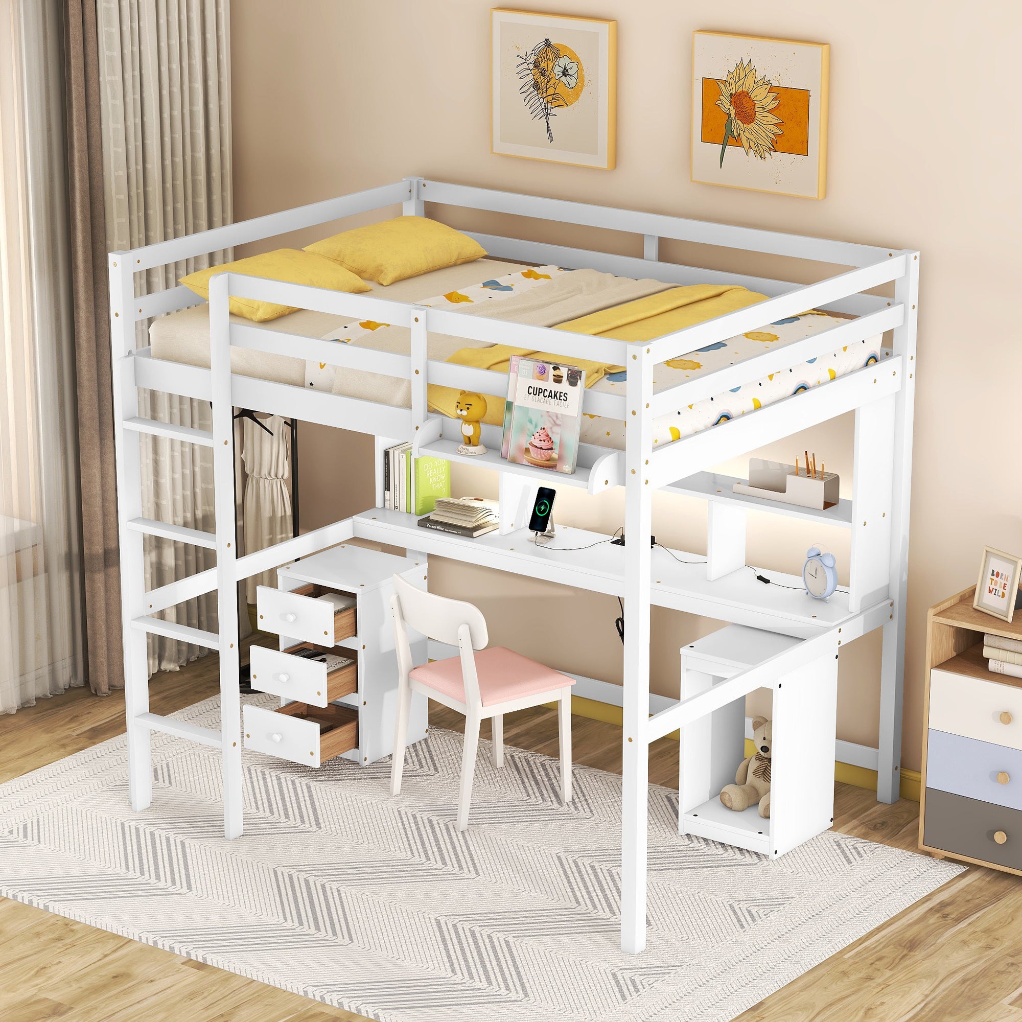 Full Size Loft Bed with Multi-storage Desk, LED light and Bedside Tray, Charging Station, White - Atlantic Fine Furniture Melbourne FL