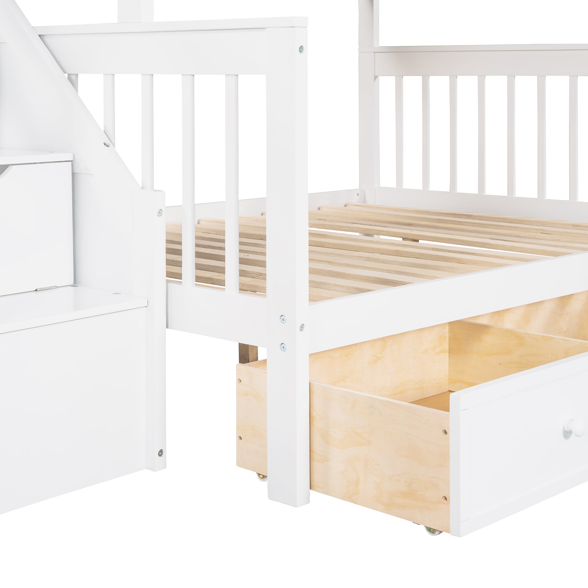 Twin over Full L-Shaped Bunk Bed With 3 Drawers, Ladder and Staircase - White - Atlantic Fine Furniture Melbourne FL