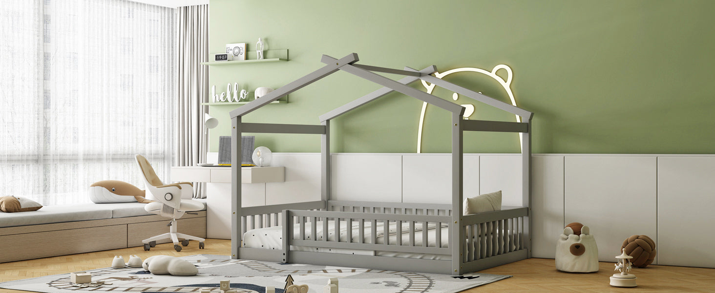 Full Size Wood Bed House Bed Frame with Fence, for Kids, Teens, Girls, Boys,Gray