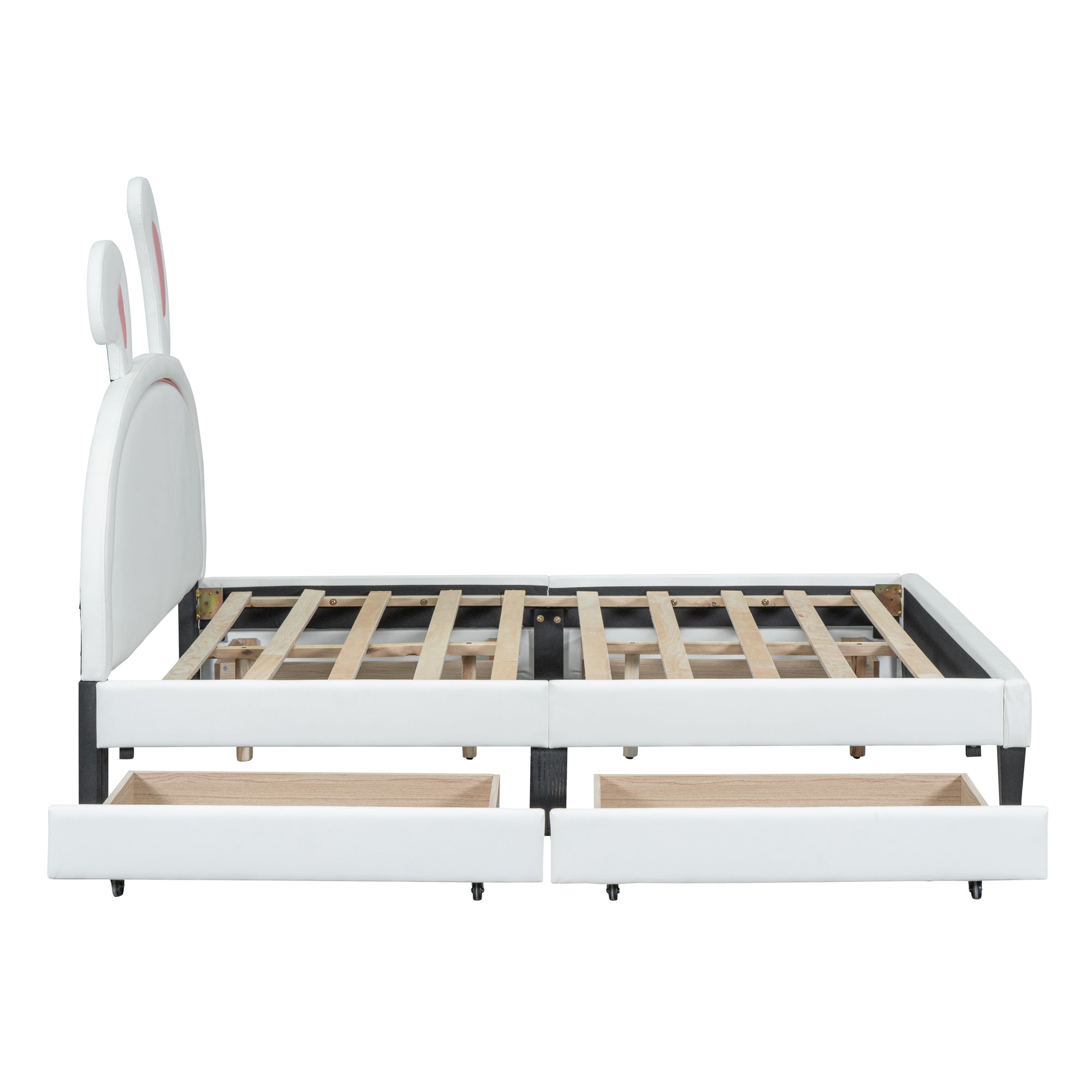 Full Size Upholstered Leather Platform Bed with Rabbit Ornament and 4 Drawers, White - Atlantic Fine Furniture Melbourne FL