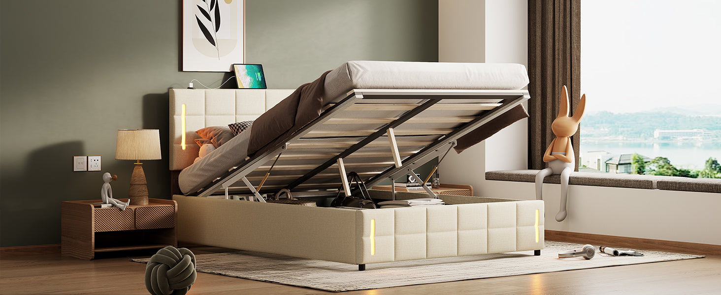 Full Size Upholstered Bed with Hydraulic Storage System and LED Light, Beige