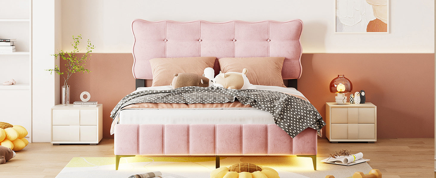 Queen Size Velvet Platform Bed with LED Frame and Stylish Mental Bed Legs, Pink - Atlantic Fine Furniture Melbourne FL