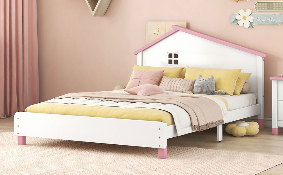 Full Size Wood Platform Bed with House-shaped Headboard (White+Pink)