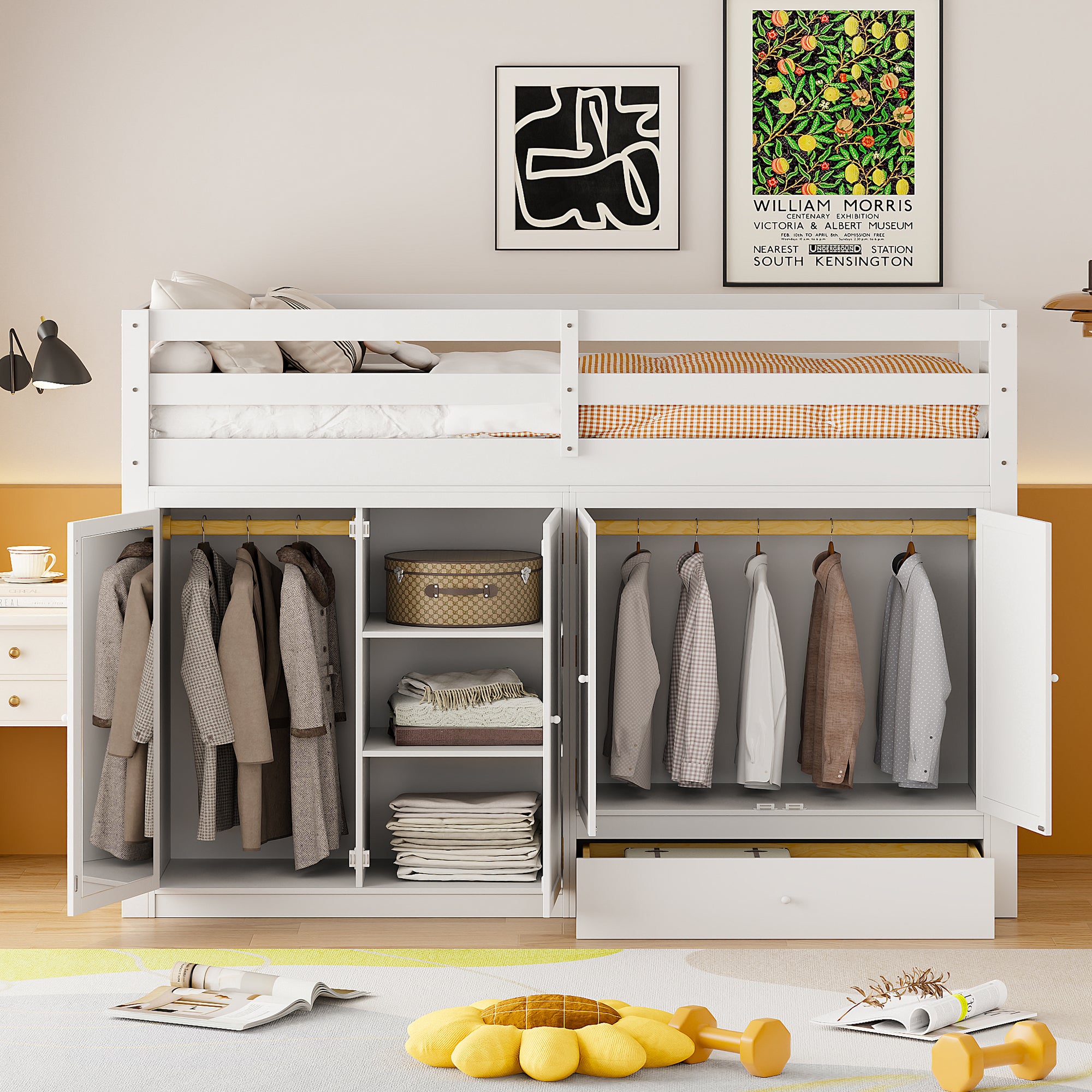 Twin size Loft Bed with Drawer, Two Wardrobes and Mirror, White - Atlantic Fine Furniture Melbourne FL