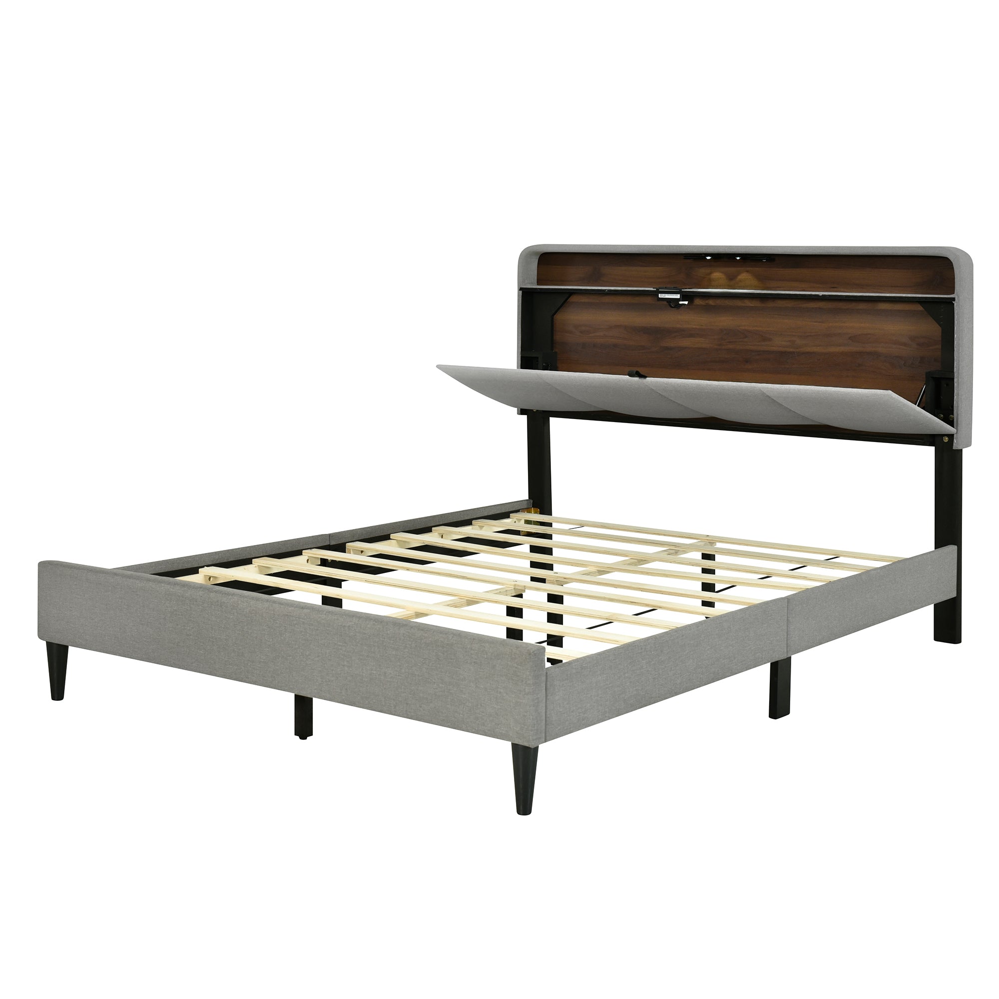 Queen size Upholstered Platform Bed with Storage Headboard, Sensor Light and a set of Sockets and USB Ports, Linen Fabric, Gray - Atlantic Fine Furniture Melbourne FL