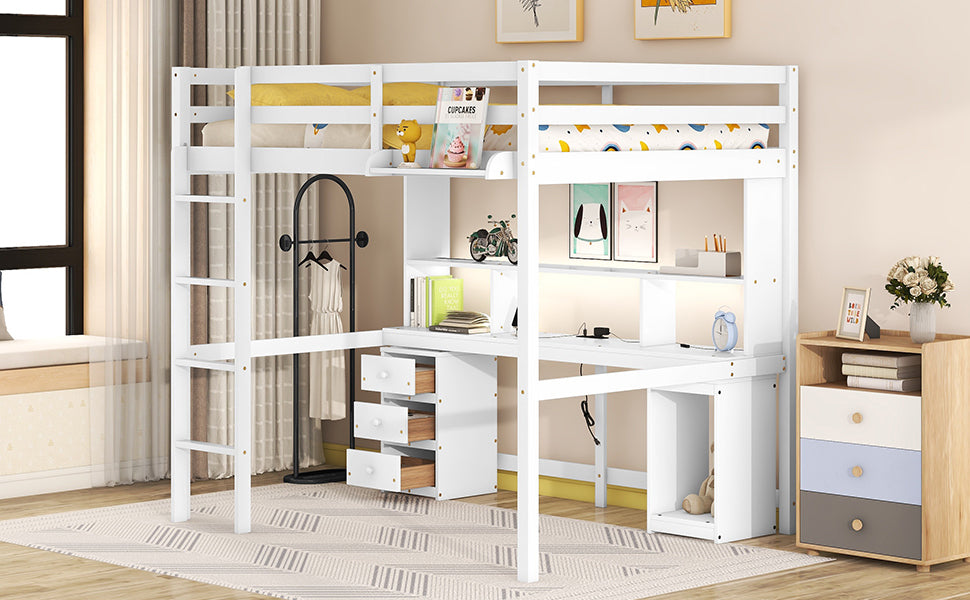 Full Size Loft Bed with Multi-storage Desk, LED light and Bedside Tray, Charging Station, White - Atlantic Fine Furniture Melbourne FL