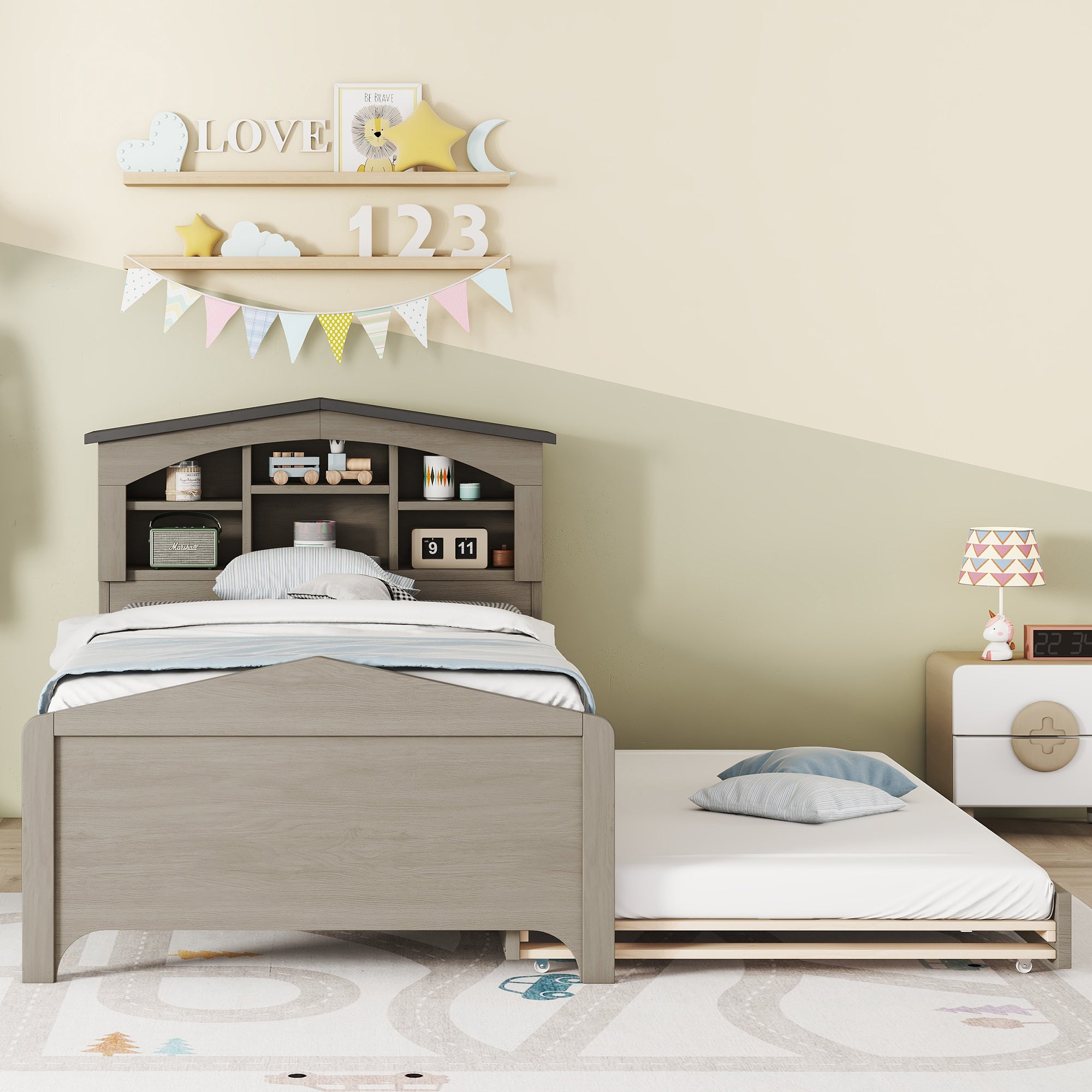 Twin Size Wood Platform Bed with House-shaped Storage Headboard and Trundle, Gray - Atlantic Fine Furniture Melbourne FL