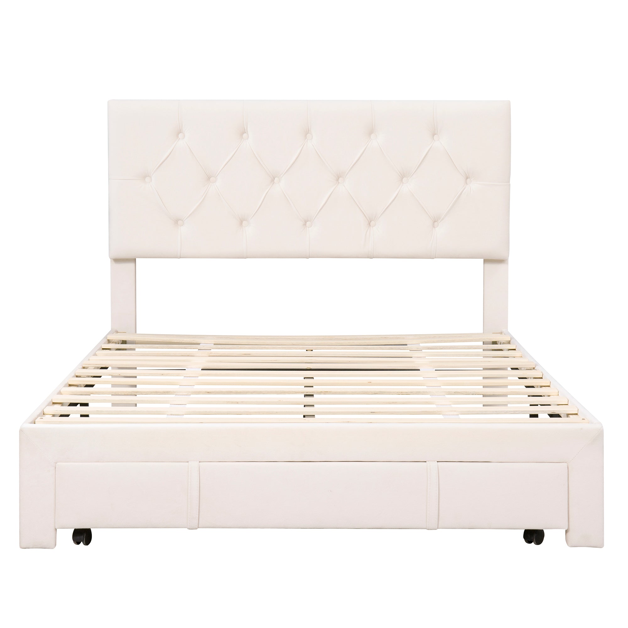 Full Size Storage Bed Velvet Upholstered Platform Bed with a Big Drawer - Beige