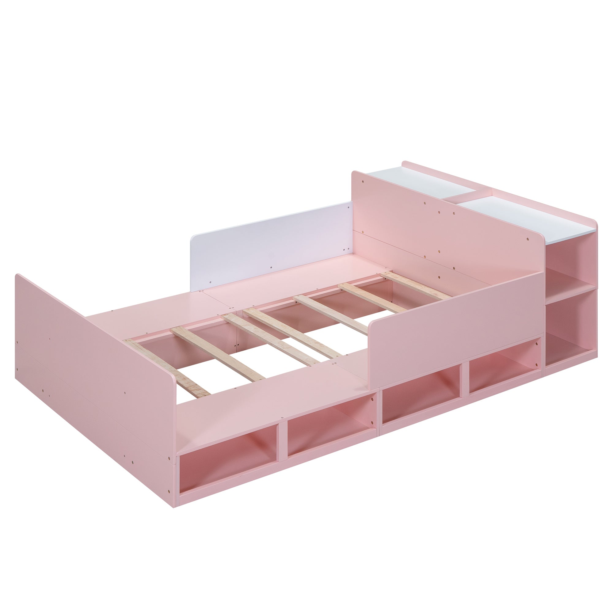 Wood Full Size Platform Bed with Storage Headboard, Guardrails and 4 Underneath Cabinets, Pink - Atlantic Fine Furniture Melbourne FL