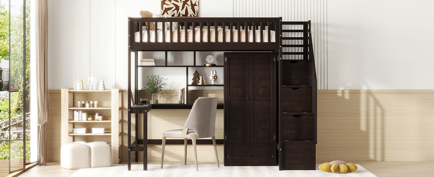 Twin size Loft Bed with Bookshelf,Drawers,Desk,and Wardrobe-Espresso - Atlantic Fine Furniture Melbourne FL