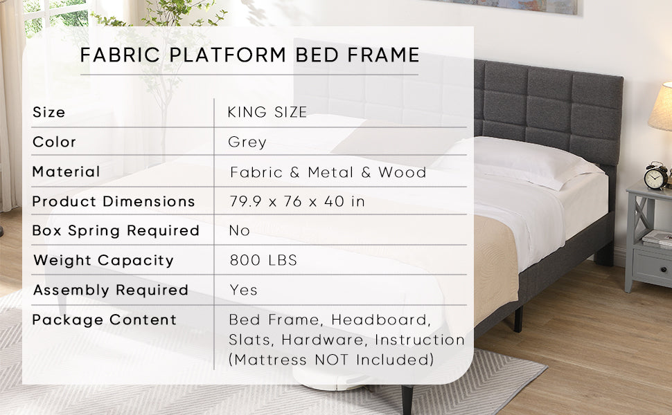King Size Platform Bed Frame with Fabric Upholstered Headboard and Wooden Slats, No Box Spring Needed/Easy Assembly, Dark Grey - Atlantic Fine Furniture Melbourne FL
