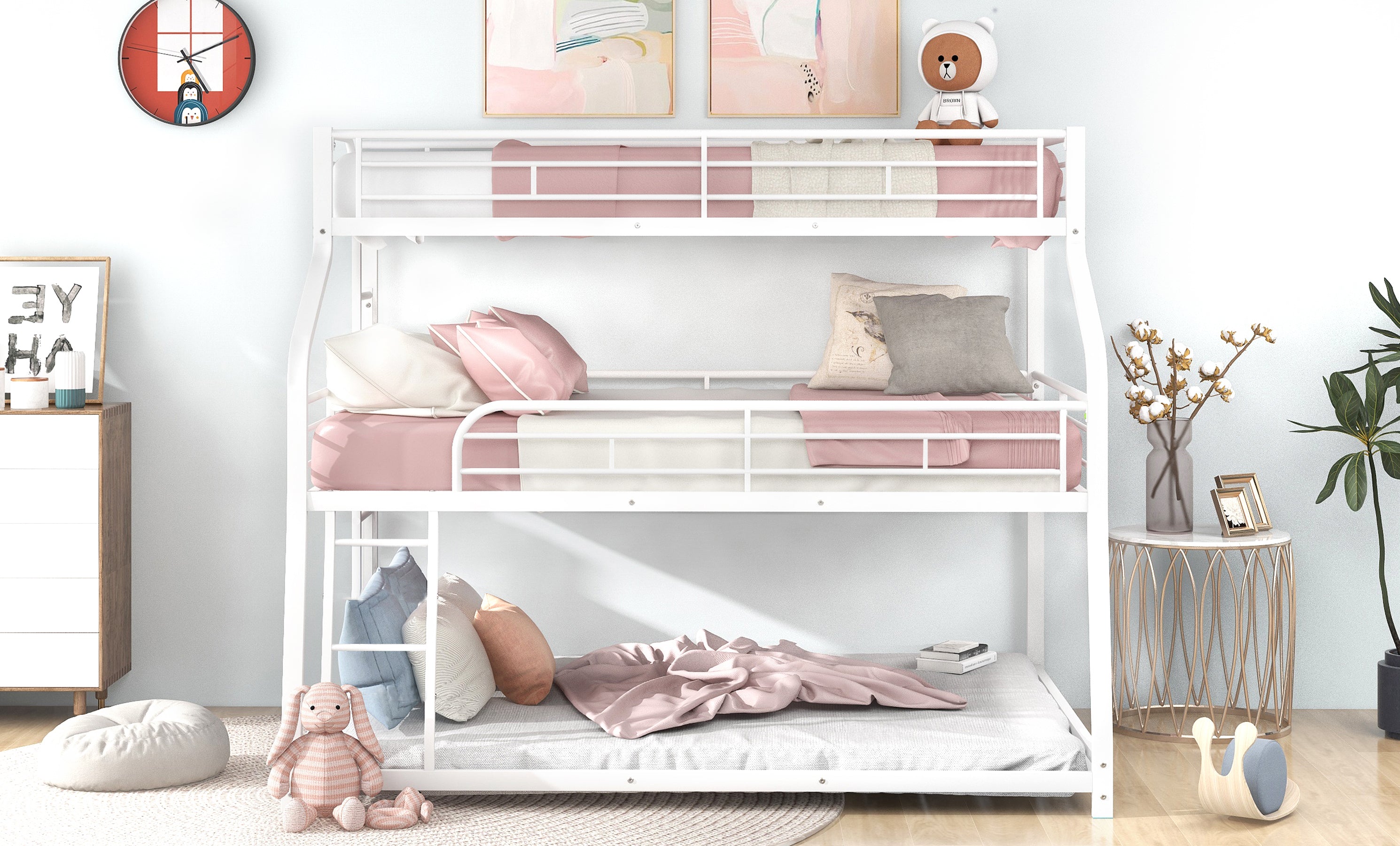 Twin XL/Full XL/Queen Triple Bunk Bed with Long and Short Ladder and Full-Length Guardrails,White - Atlantic Fine Furniture Melbourne FL