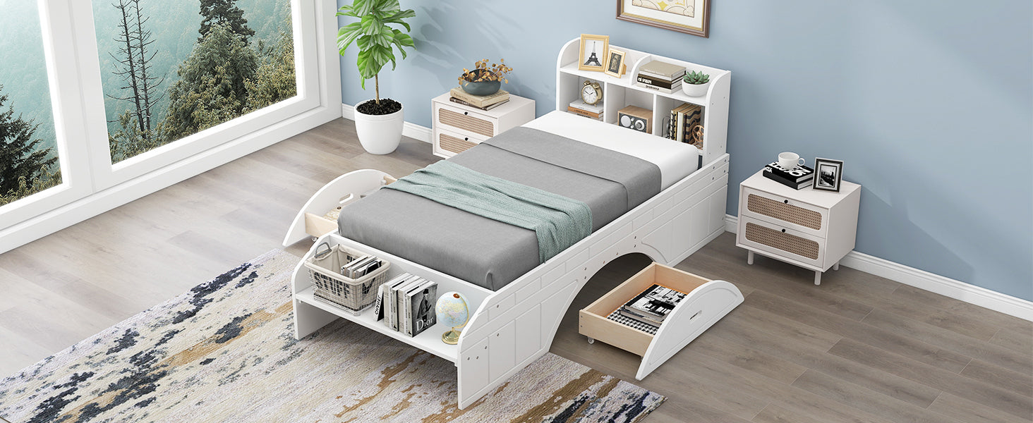 Wood Twin Size Platform Bed with 2 Drawers, Storage Headboard and Footboard, White - Atlantic Fine Furniture Melbourne FL
