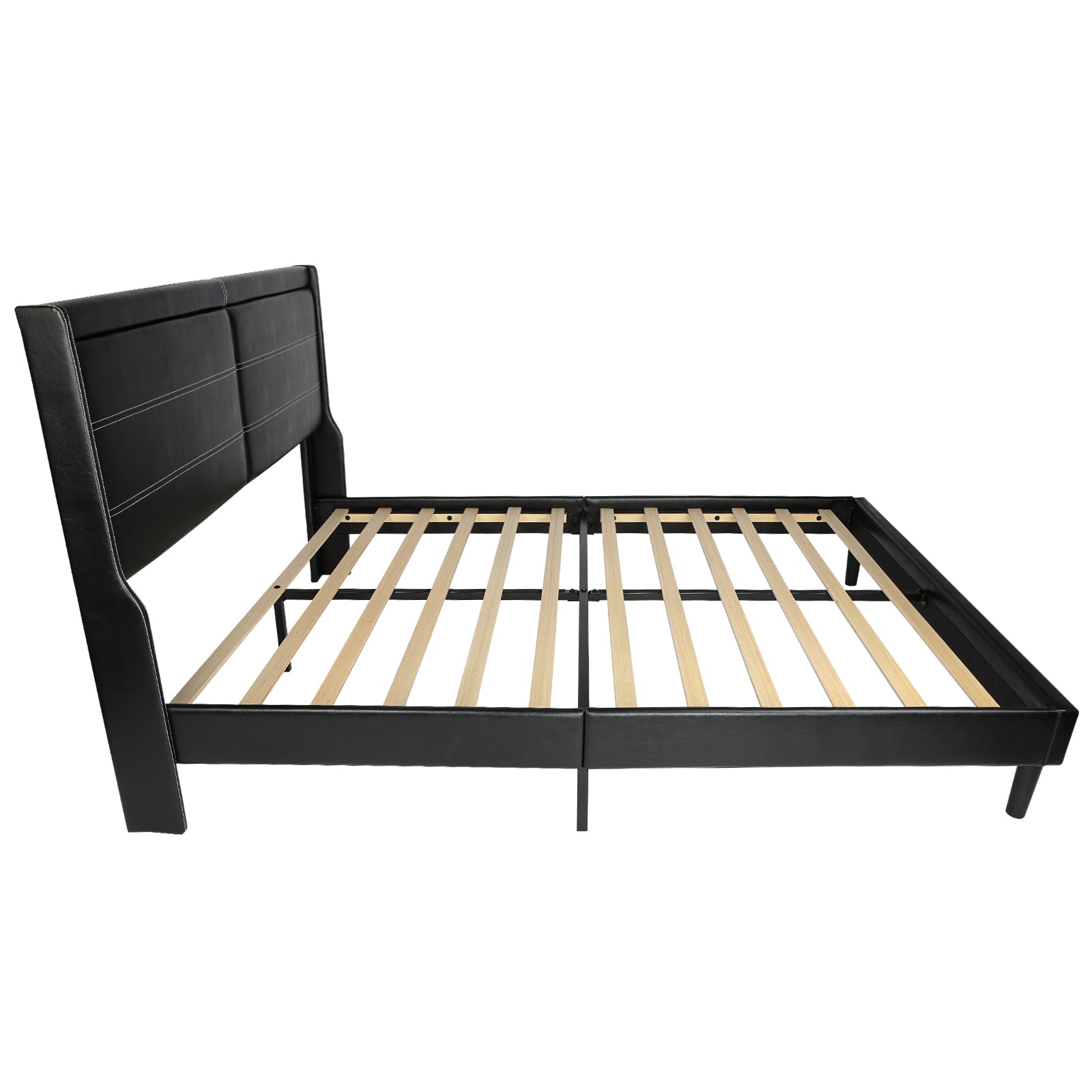 Stylish Queen Size PU Leather Upholstered Bed Frame Platform Bed with Lights Stitched Wing-backed Headboard Strong Wooden Slats Bed Canopy No Box Spring Needed Black - Atlantic Fine Furniture Melbourne FL