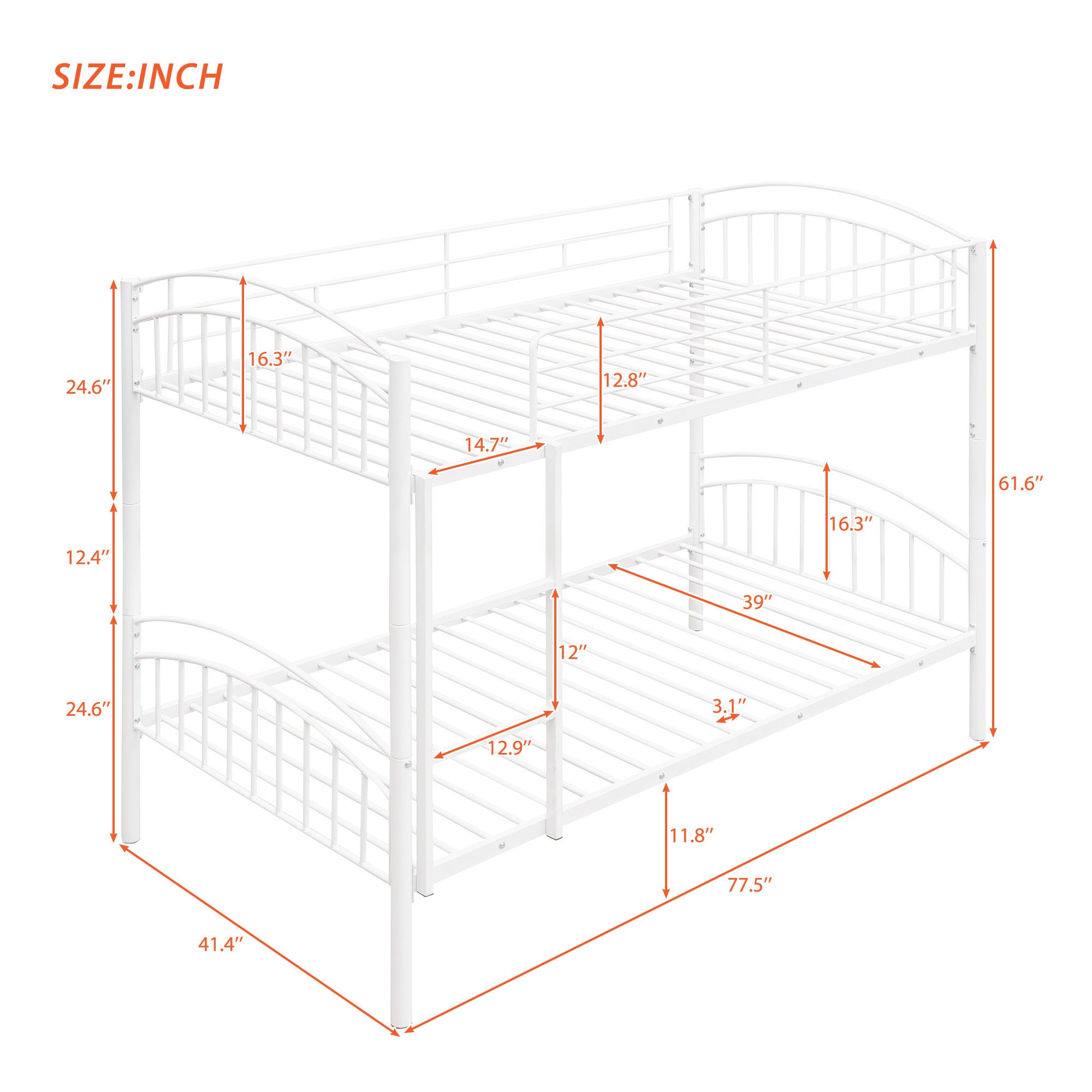 Twin Over Twin Metal Bunk Bed,Divided into Two Beds(White){OLD SKU:MF280424AAK} - Atlantic Fine Furniture Melbourne FL
