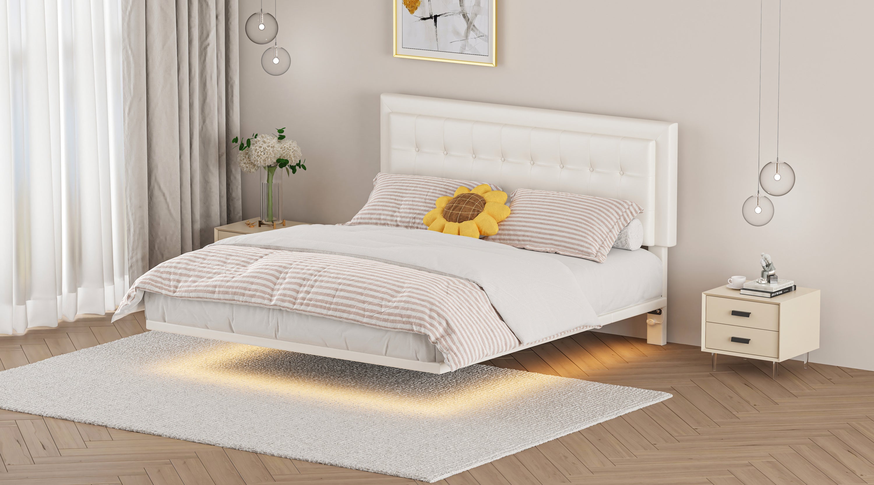 Queen Size Floating Bed Frame with Motion Activated Night Lights,Modern PU Upholstered Button Tufted Platform Bed Frame,White - Atlantic Fine Furniture Melbourne FL