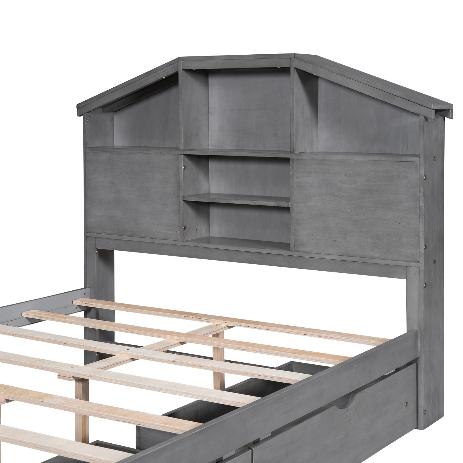 Full Size Wood Platform Bed with House-shaped Storage Headboard and 2 Drawers, Gray - Atlantic Fine Furniture Melbourne FL