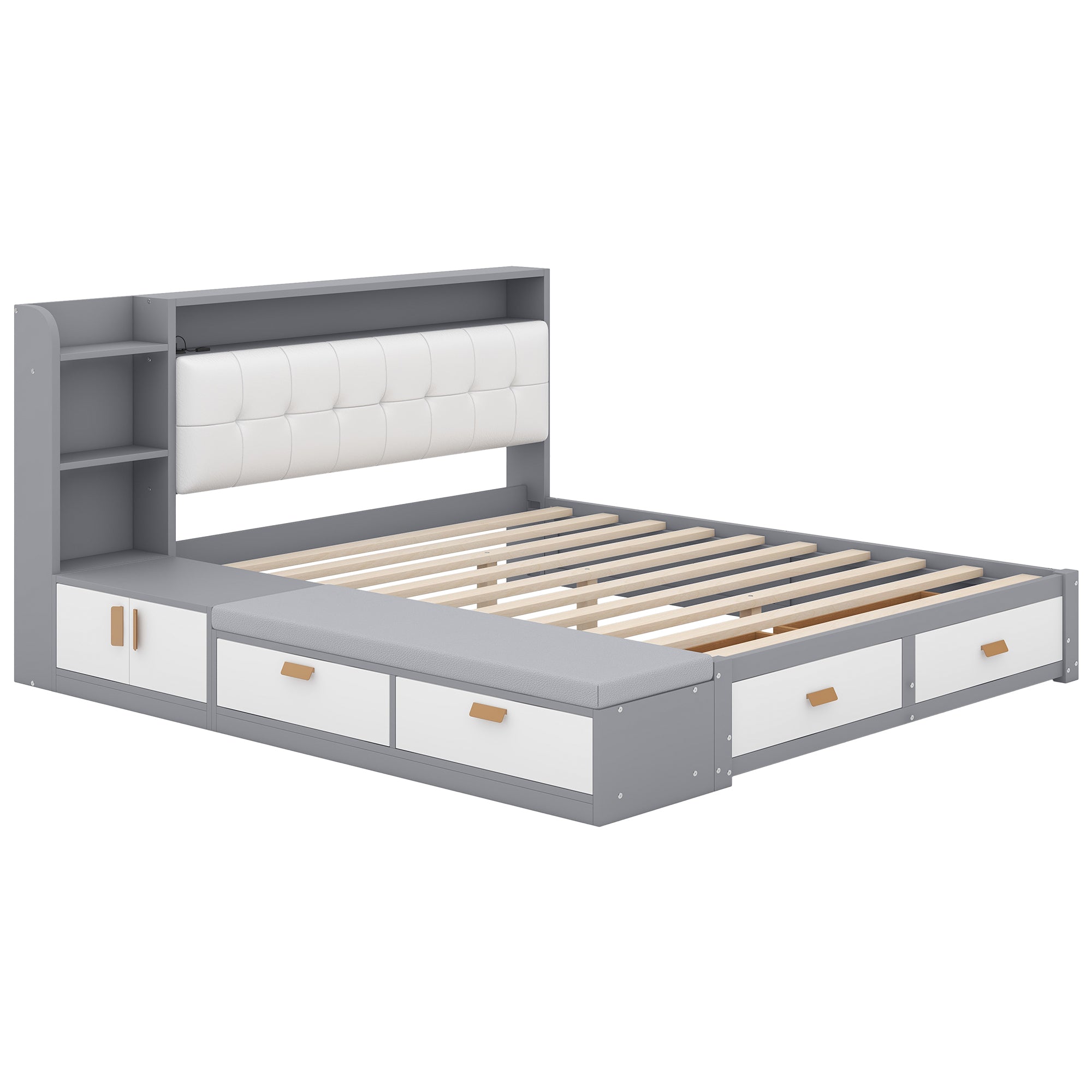 Queen Size Low Profile Platform Bed Frame with Upholstery Headboard and Storage Shelves and Drawers,USB Charging Design,Gray - Atlantic Fine Furniture Melbourne FL