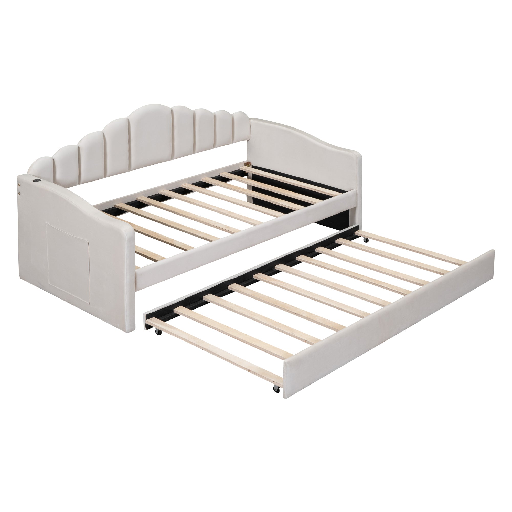 Twin size Upholstered Daybed with Trundle ,Velvet Sofabed with USB Charging Ports,No Box-spring Needed,Beige - Atlantic Fine Furniture Melbourne FL
