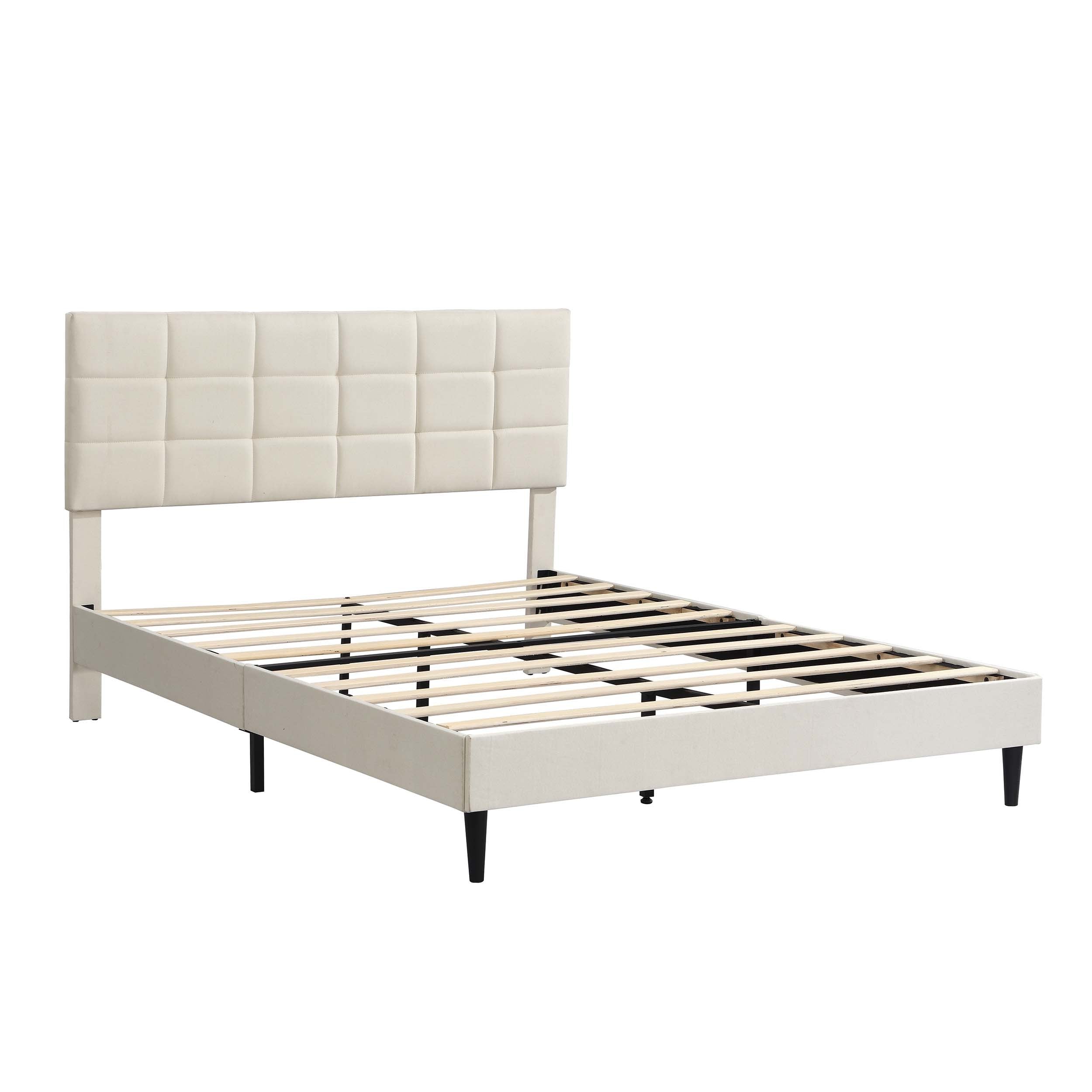 Full Size Platform Bed Frame with Fabric Upholstered Headboard and Wooden Slats, No Box Spring Needed/Easy Assembly, Beige - Atlantic Fine Furniture Melbourne FL