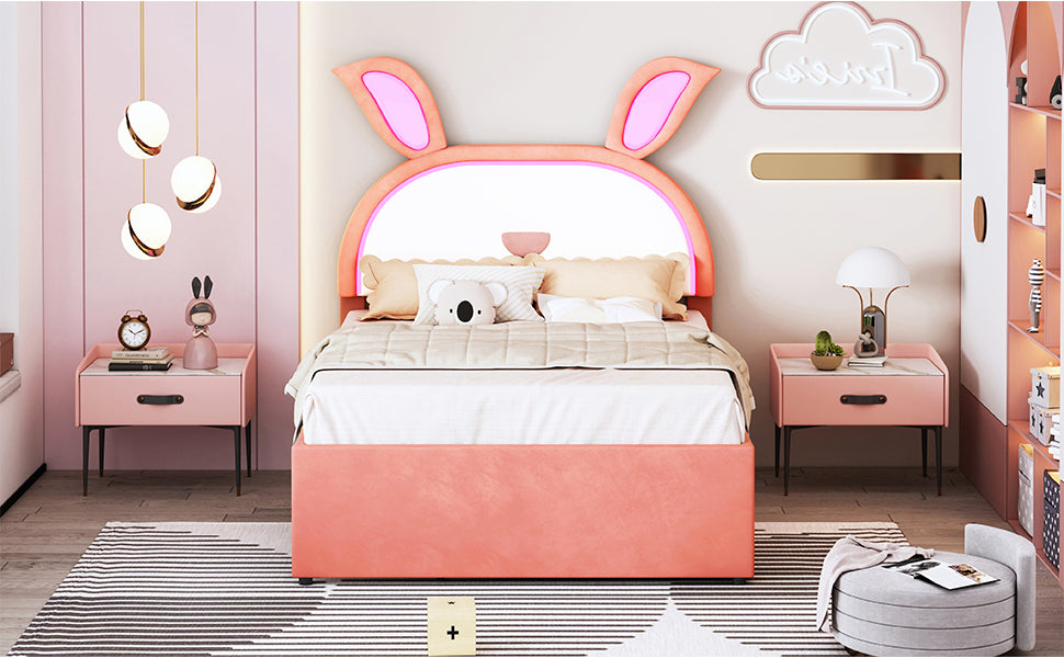 Full Size Upholstered Platform Bed with Trundle and 3 Drawers, Rabbit-Shaped Headboard with Embedded LED Lights, Pink