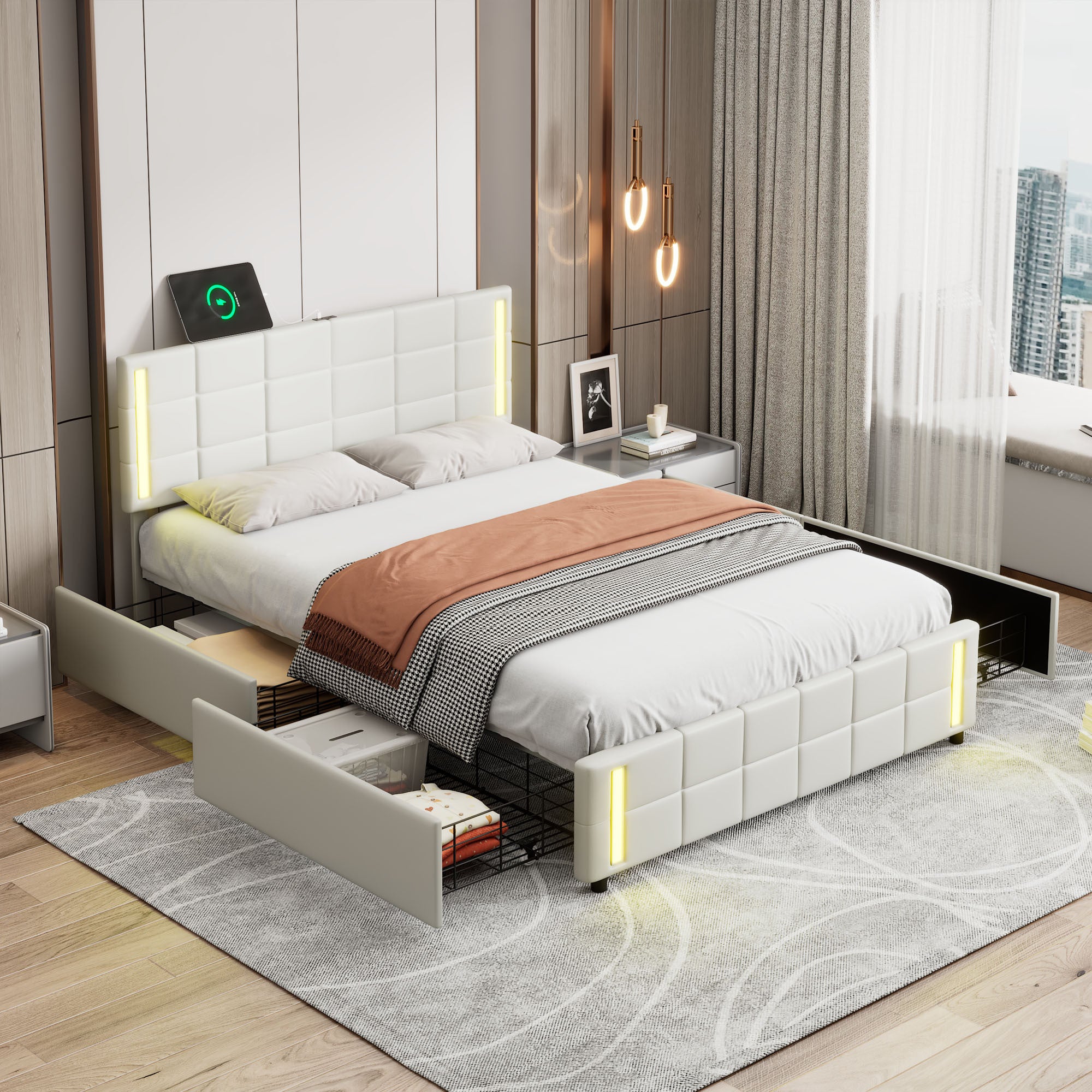 Queen Size Upholstered Platform Bed with LED Lights and USB Charging, Storage Bed with 4 Drawers, White - Atlantic Fine Furniture Melbourne FL