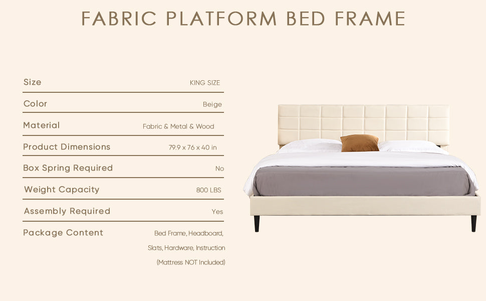 King Size Platform Bed Frame with Fabric Upholstered Headboard and Wooden Slats, No Box Spring Needed/Easy Assembly, Dark Beige - Atlantic Fine Furniture Melbourne FL