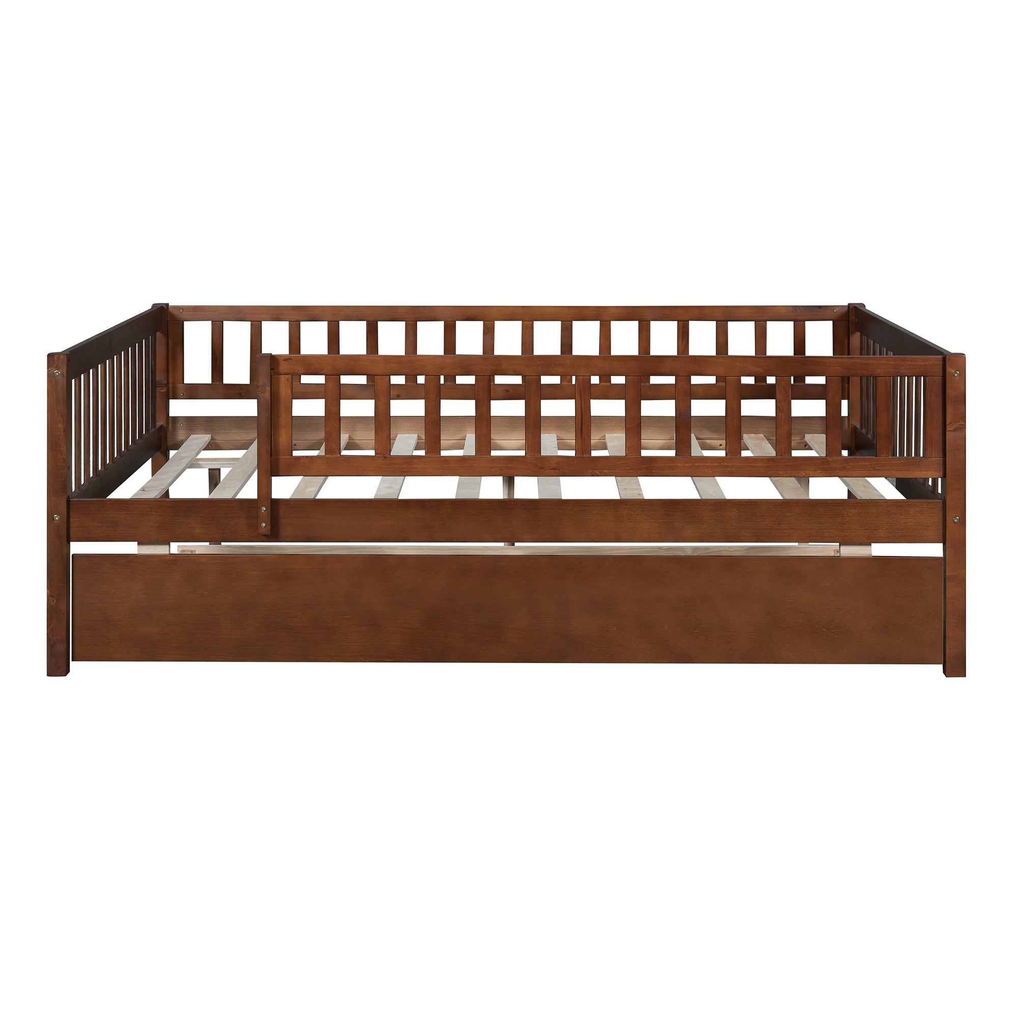Full Size Wood Daybed with Trundle and Fence Guardrails, Walnut - Atlantic Fine Furniture Melbourne FL