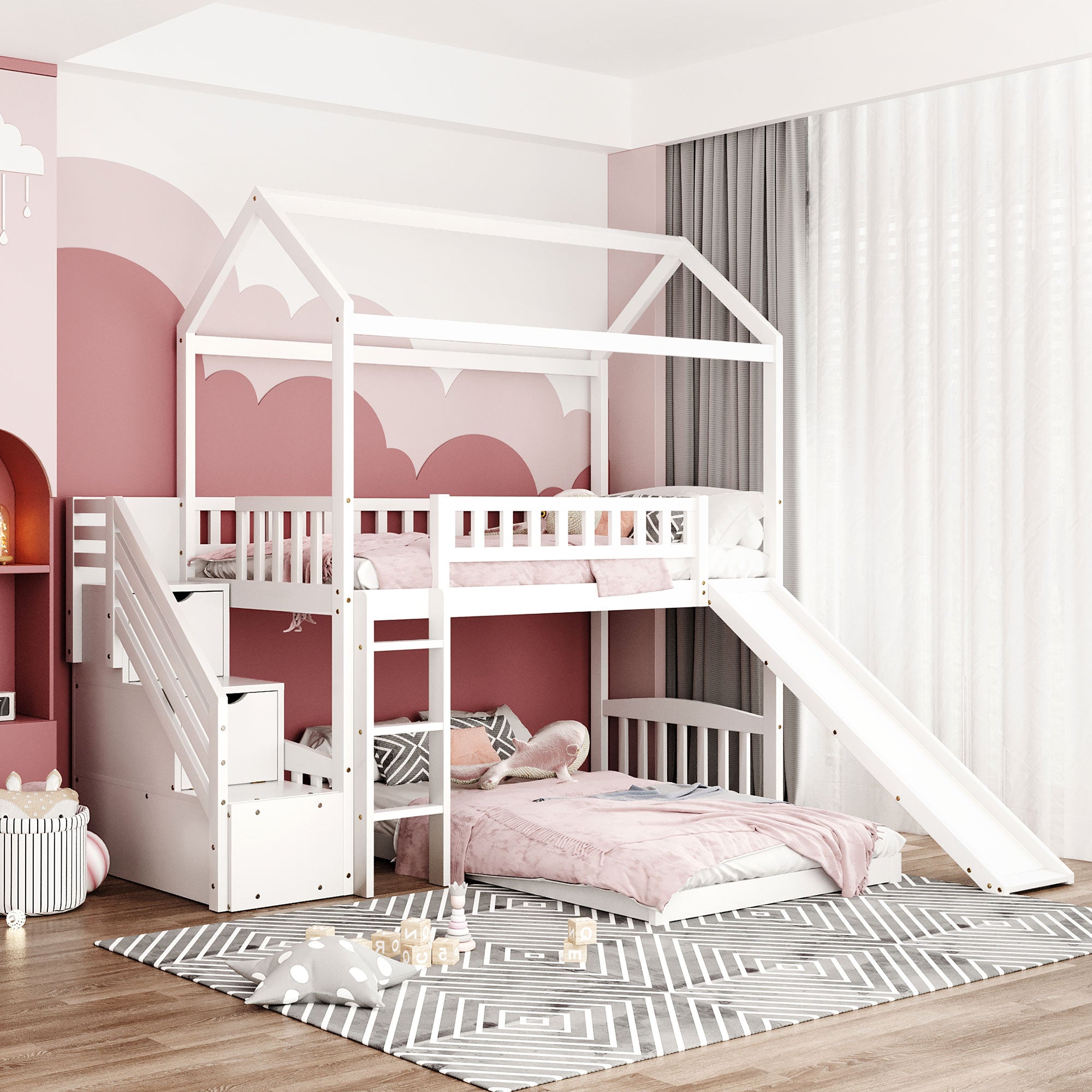 Twin Over Twin Bunk Bed with Two Drawers and Slide, House Bed with Slide, White(OLD SKU :LP000129AAK) - Atlantic Fine Furniture Melbourne FL