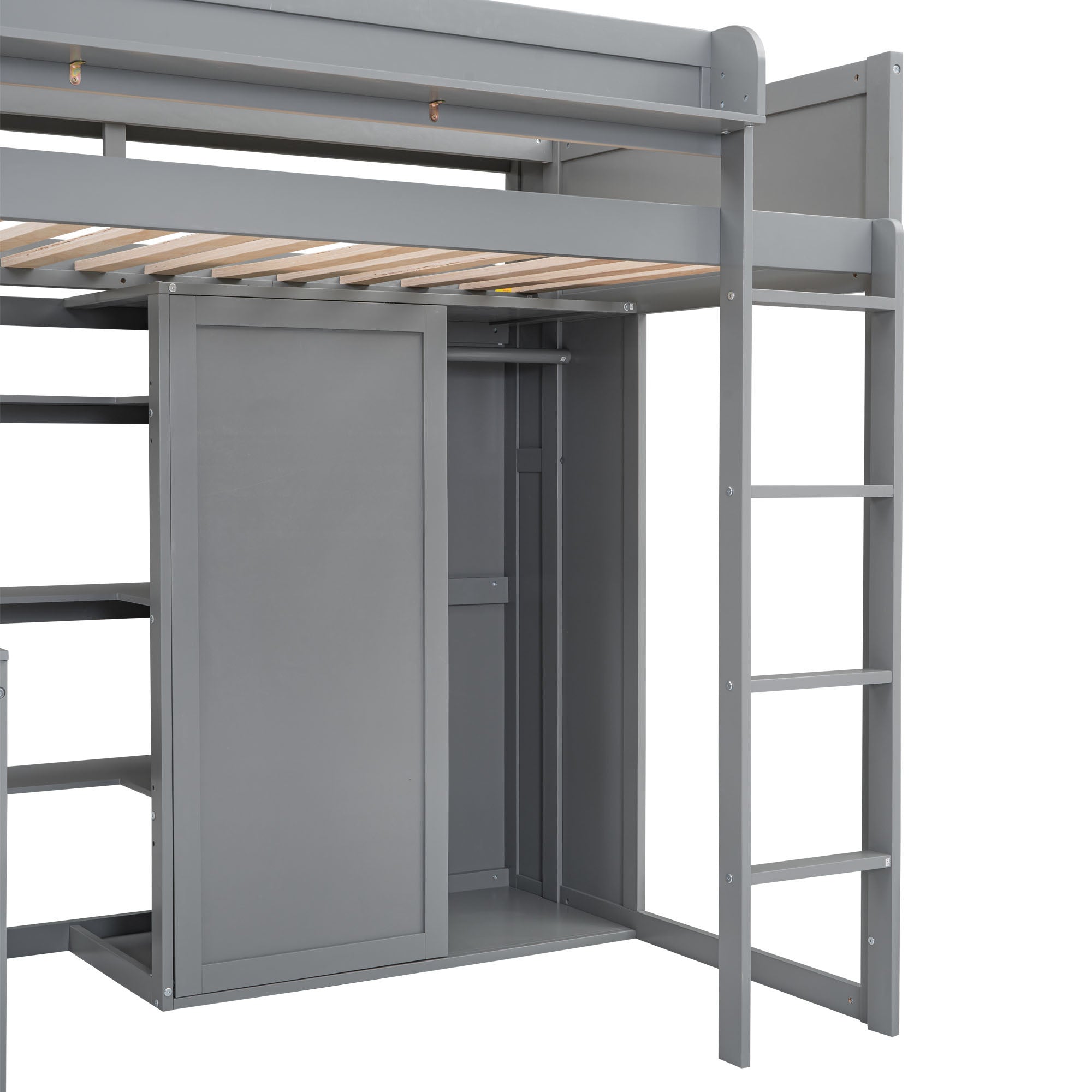 Wood Twin Size Loft bed with Multiple Storage Shelves and Wardrobe, Gray - Atlantic Fine Furniture Melbourne FL