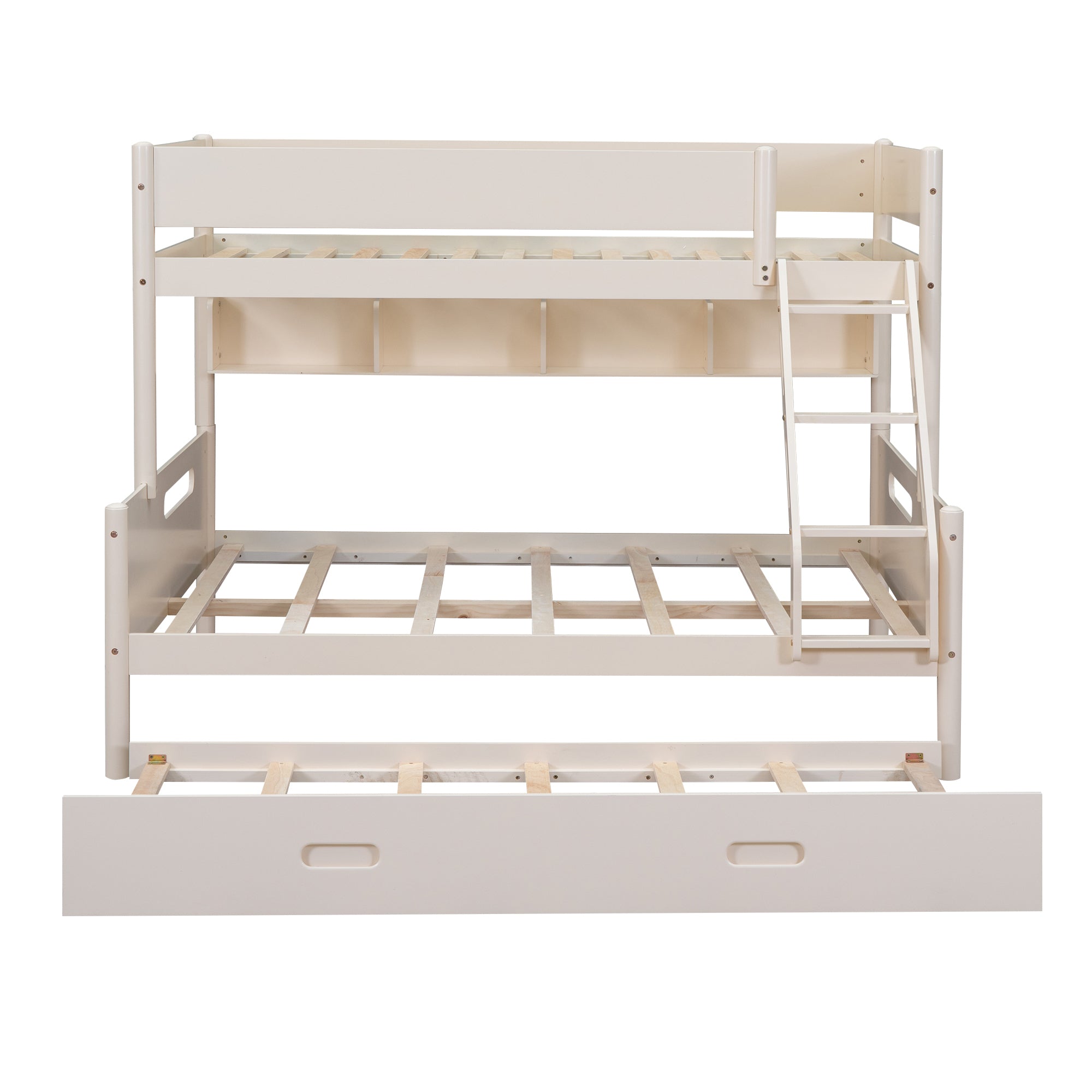 Wood Twin over Full Bunk Bed with Storage Shelves and Twin Size Trundle, Cream - Atlantic Fine Furniture Melbourne FL