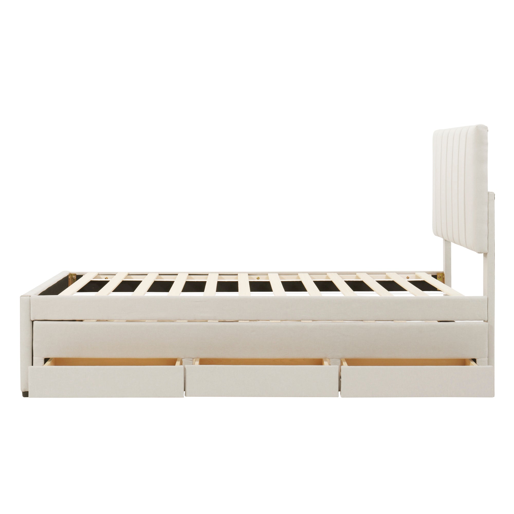 Twin Size Upholstered Platform Bed with Trundle and 3 Drawers, Linen Fabric, Beige - Atlantic Fine Furniture Melbourne FL