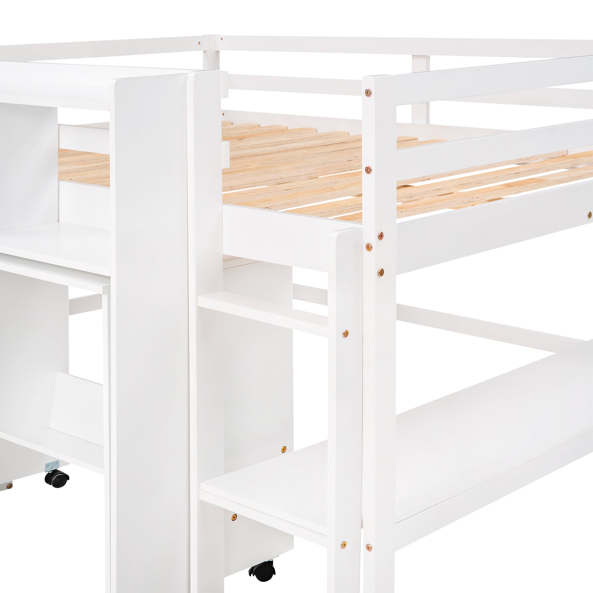Full Size Low Loft Bed with Rolling Portable Desk, Drawers and Shelves, White(Old SKU: GX000711AAK)