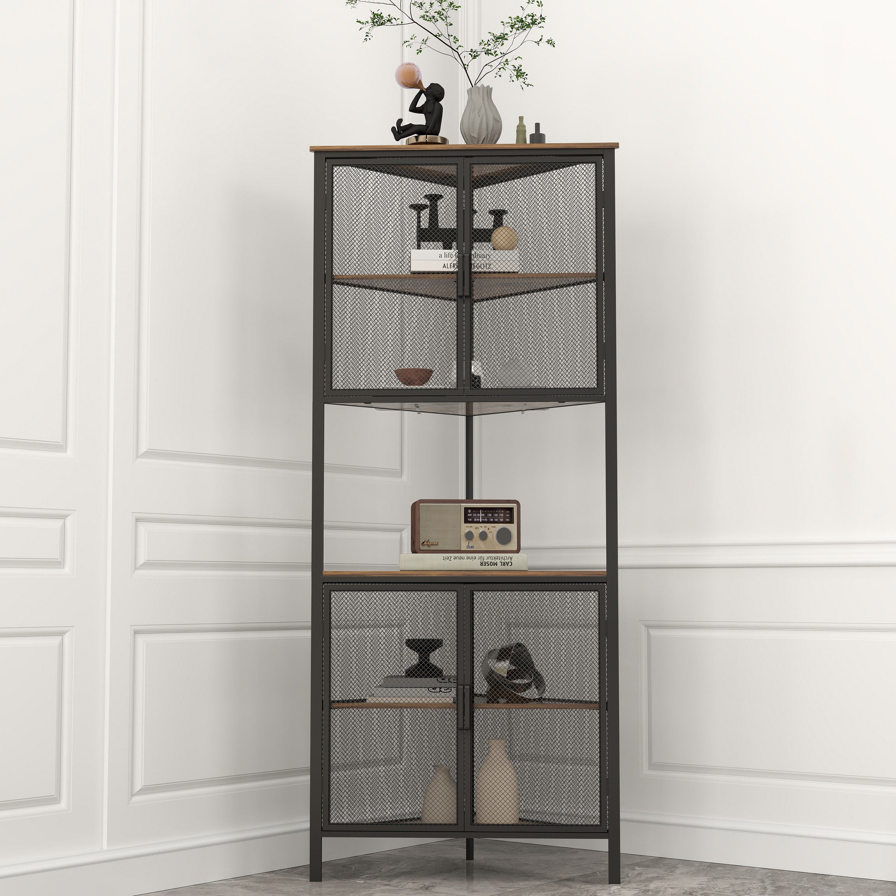 5 Tier Shelves With Metal Mesh Door Bookcase Storage Shelf Corner Shelf For Small Space Living Room Black Brown Atlantic Fine Furniture Inc