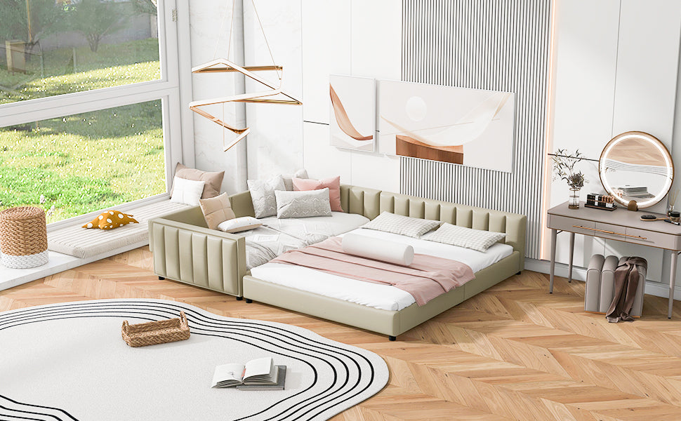 Queen Size & Twin XL Size Upholstered Platform Bed, Mother & Child Bed, PU Leather, Beige - Atlantic Fine Furniture Melbourne FL
