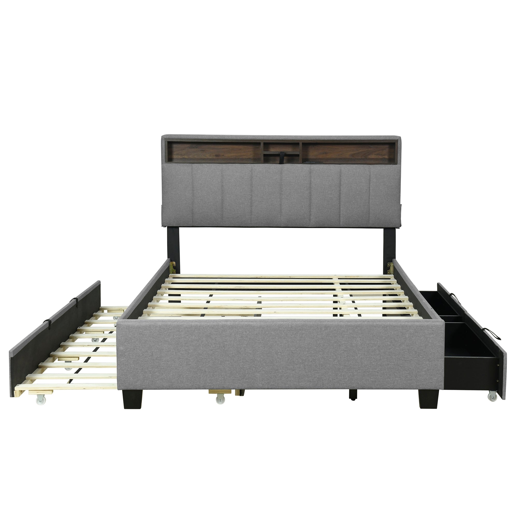 Full size Upholstered Platform Bed with Storage Headboard, Twin Size Trundle & 2 drawers and a set of Sockets & USB Ports, Linen Fabric, Gray - Atlantic Fine Furniture Melbourne FL