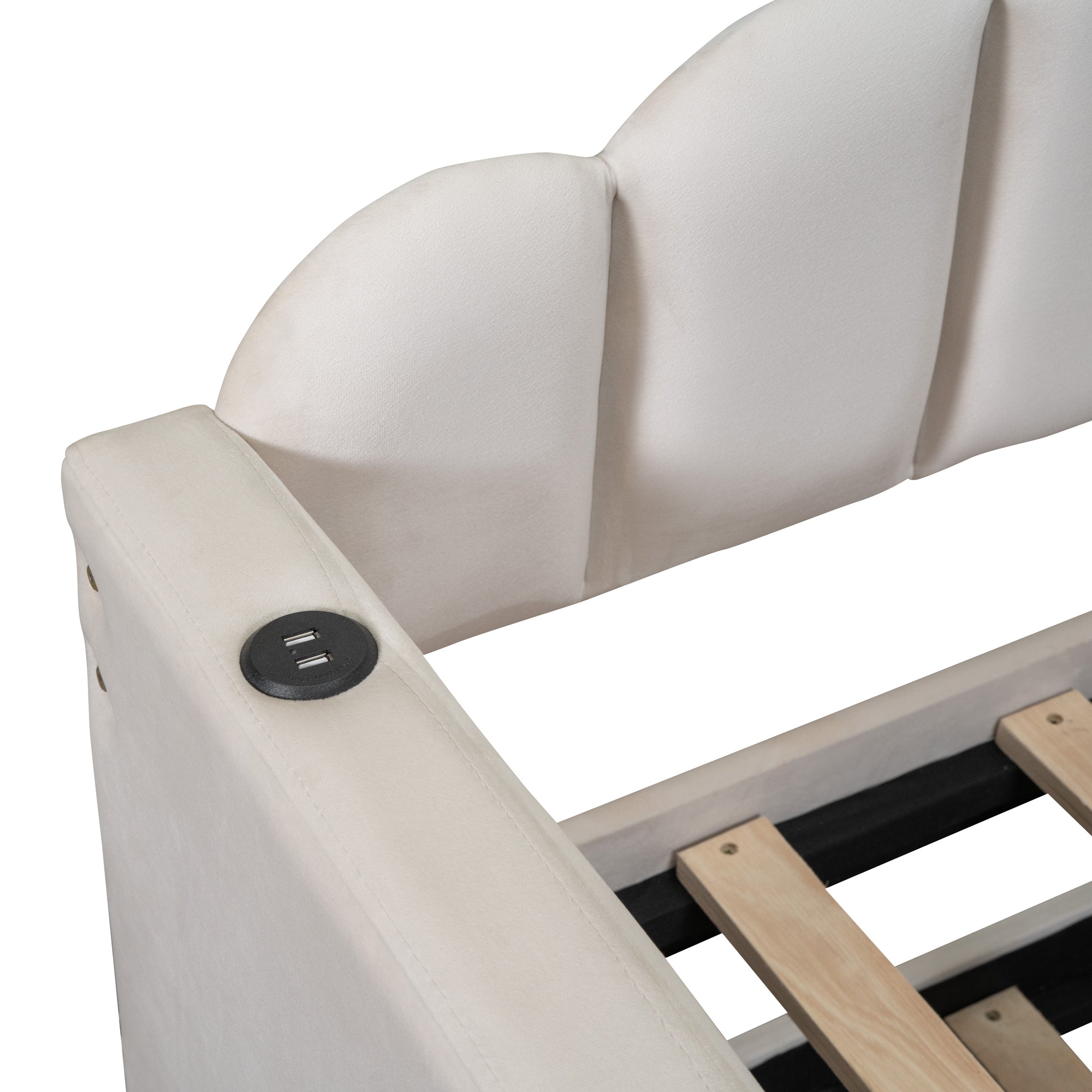 Twin size Upholstered Daybed with Trundle ,Velvet Sofabed with USB Charging Ports,No Box-spring Needed,Beige - Atlantic Fine Furniture Melbourne FL