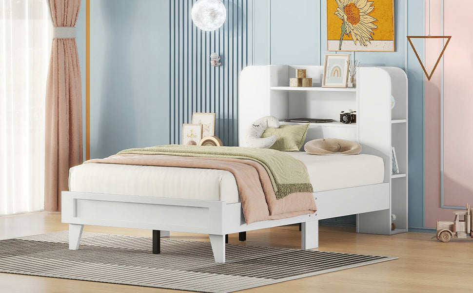 Twin Size Platform Bed with Storage Headboard,Multiple Storage Shelves on Both Sides,White - Atlantic Fine Furniture Melbourne FL