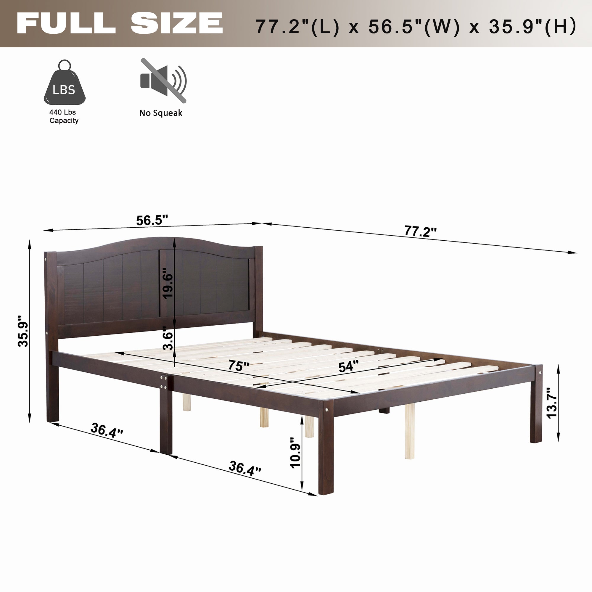 Full Size Bed, Wood Platform Bed Frame with Headboard For Kids, Slatted, Dark Walnut - Atlantic Fine Furniture Melbourne FL