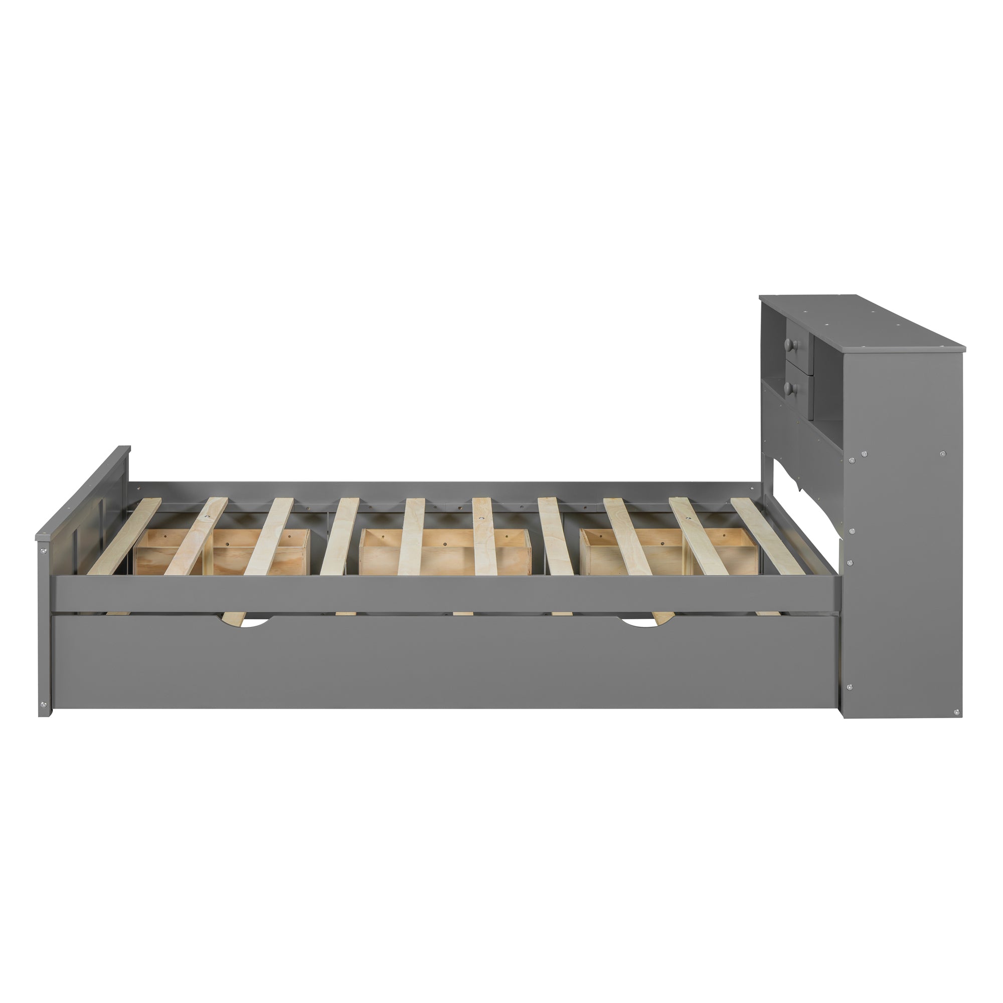 Full Size Wood Pltaform Bed with win Size Trundle, 3 Drawers, Upper Shelves and a set of USB Ports & Sockets, Gray - Atlantic Fine Furniture Melbourne FL