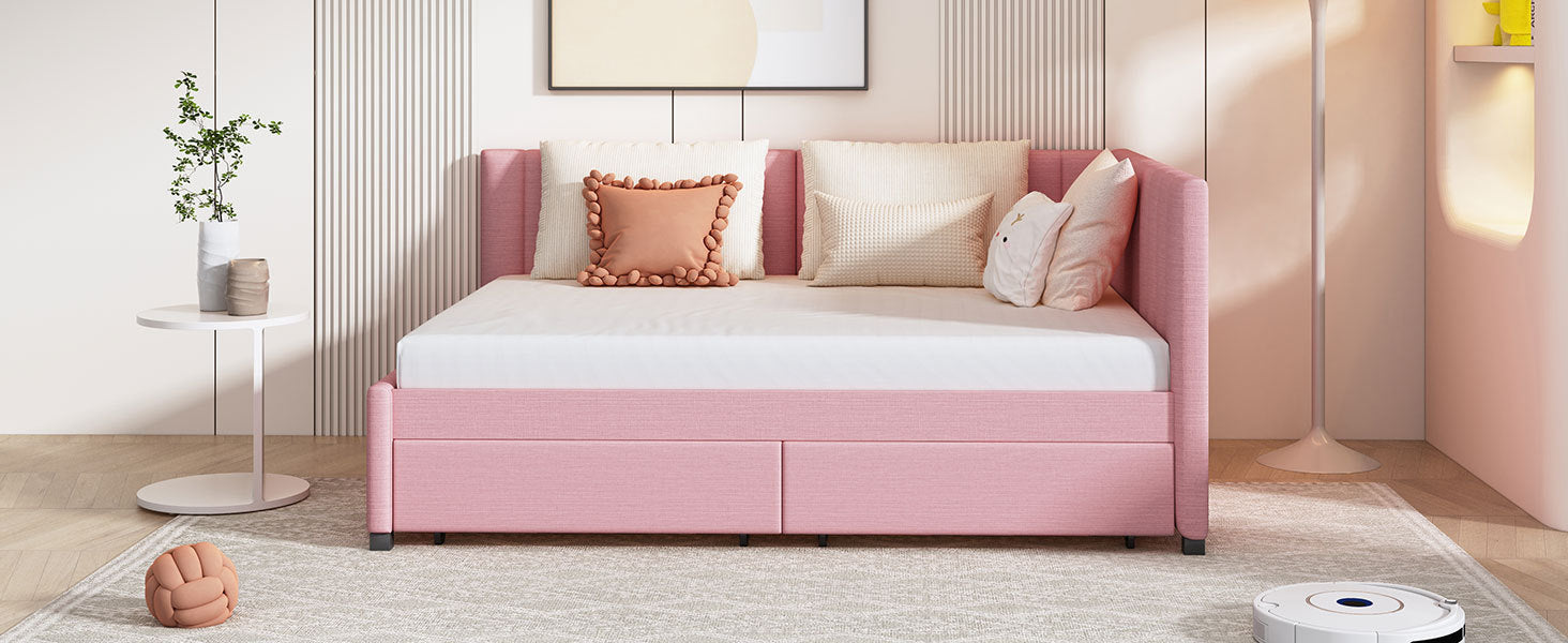 Full Size Upholstered Daybed with 2 Storage Drawers Sofa Bed Frame No Box Spring Needed, Linen Fabric (Pink) - Atlantic Fine Furniture Melbourne FL
