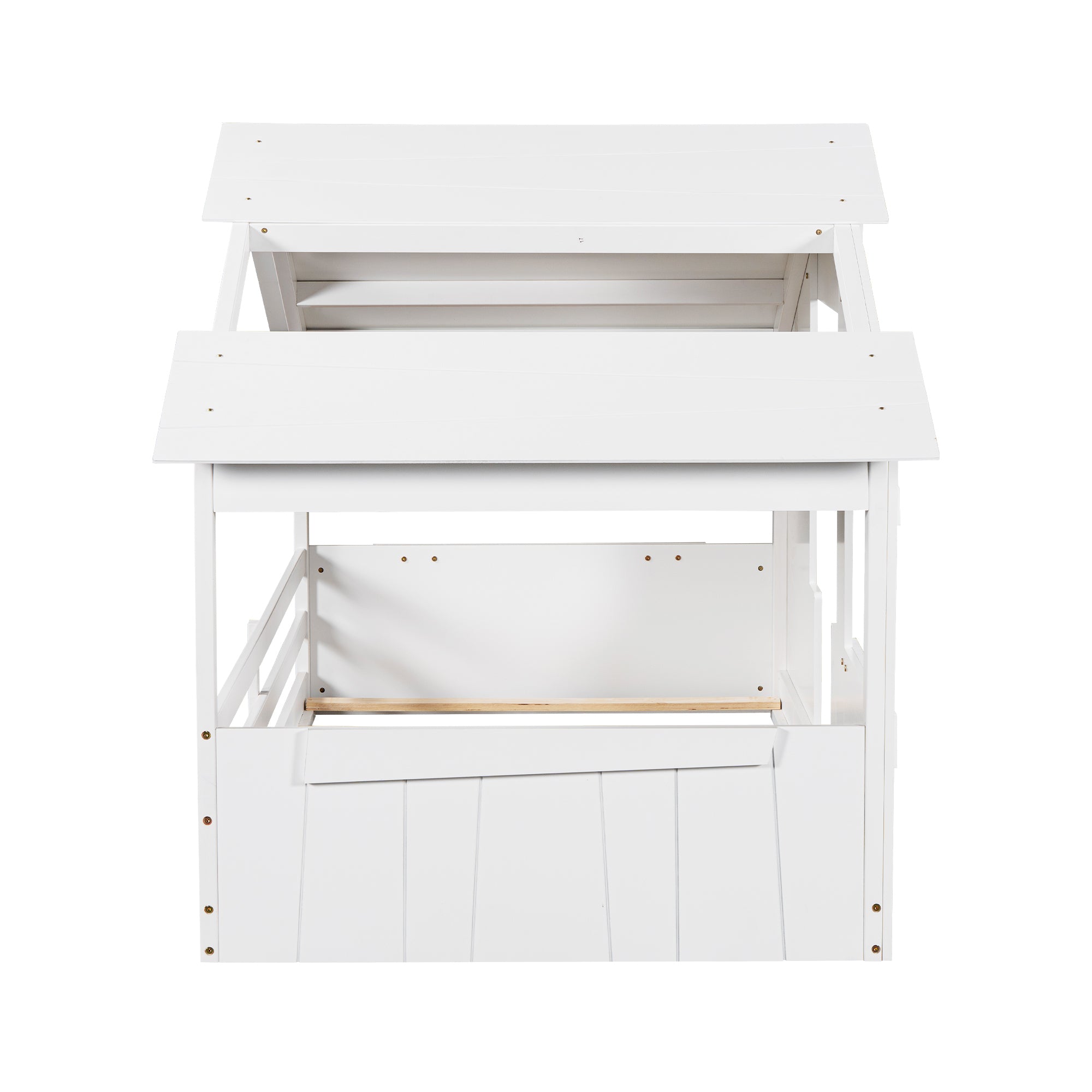 Wood Twin Size House Bed with Roof, Window and Guardrail, White - Atlantic Fine Furniture Melbourne FL