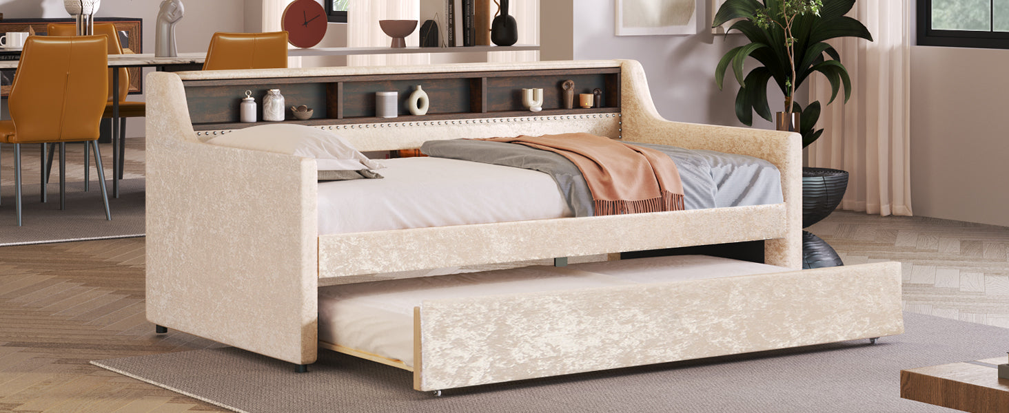 Twin Size Snowflake Velvet Daybed with Trundle and Built-in Storage Shelves,Beige - Atlantic Fine Furniture Melbourne FL