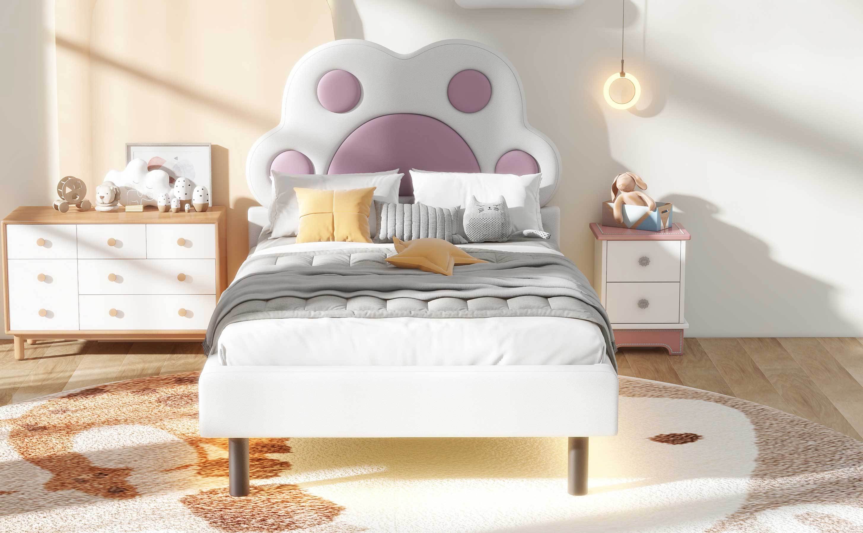 Twin Size Upholstered Platform Bed with Animal Paw Shaped Headboard and LED, Pink - Atlantic Fine Furniture Melbourne FL